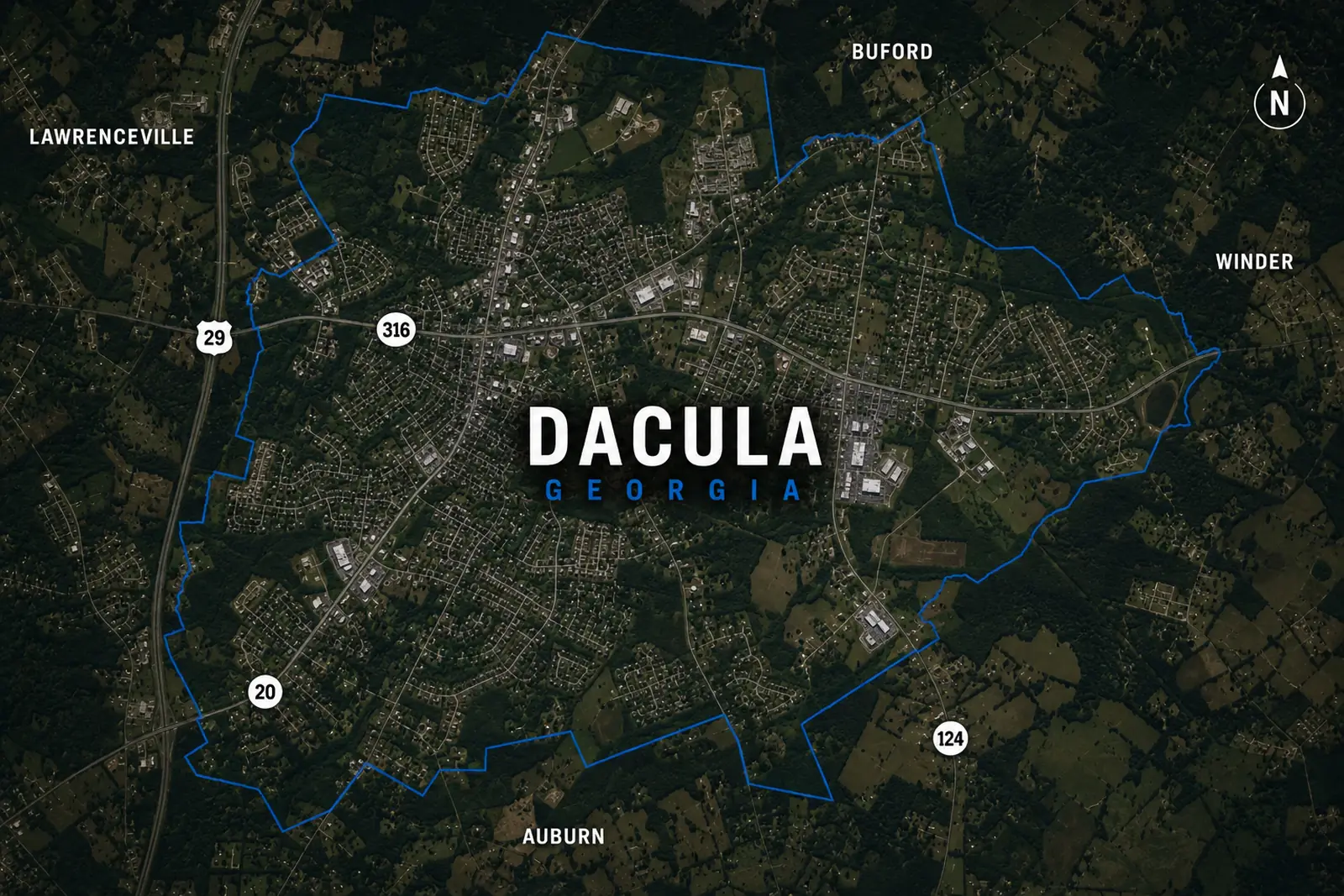 Map defining the municipal boundary of Dacula, Georgia with major surrounding highways and neighboring communities.