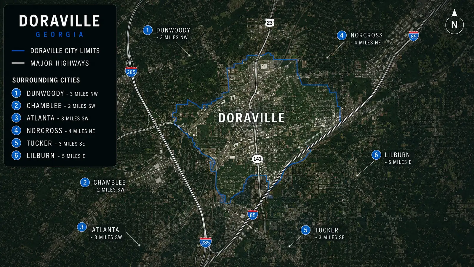 Map outlines Doraville city limits with major highways and nearby Metro Atlanta communities.