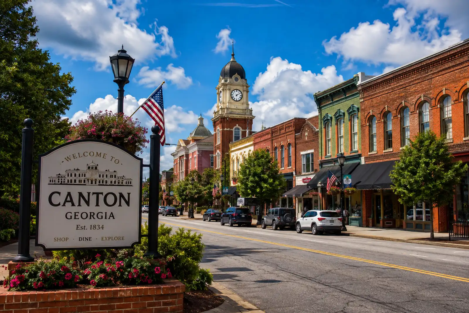 Historic downtown Canton GA with Main Street storefronts and Cherokee County courthouse clock tower