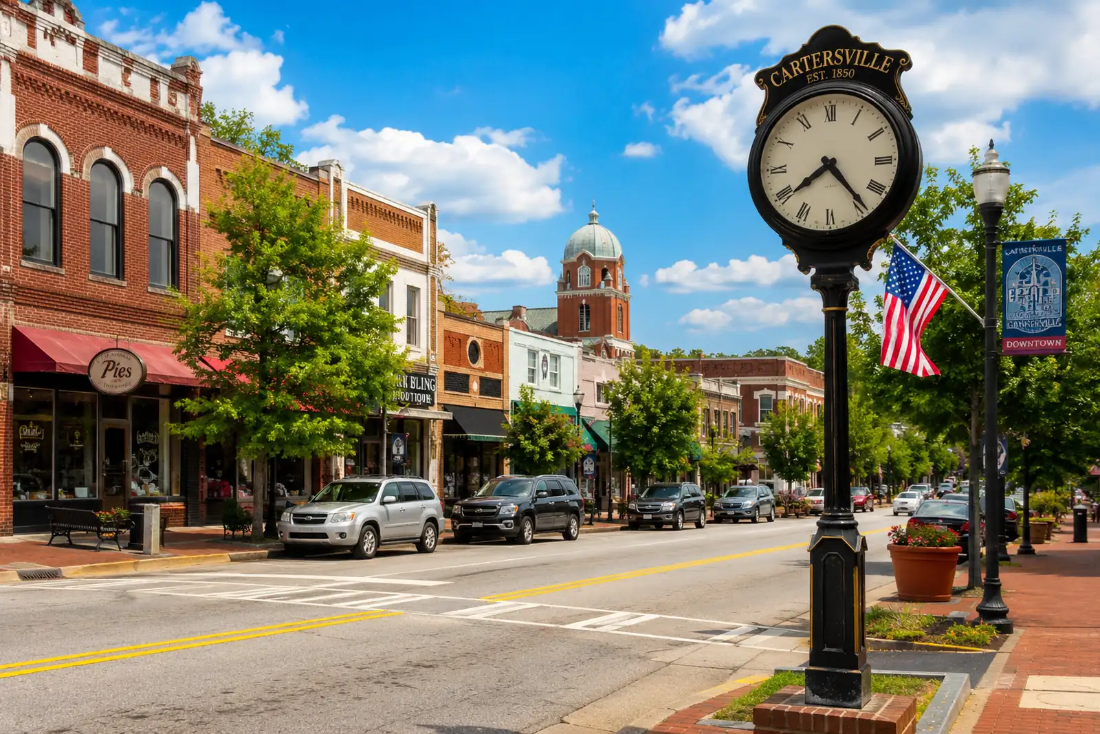 Brick storefronts line a downtown Cartersville street beside a black street clock and landscaped sidewalk.