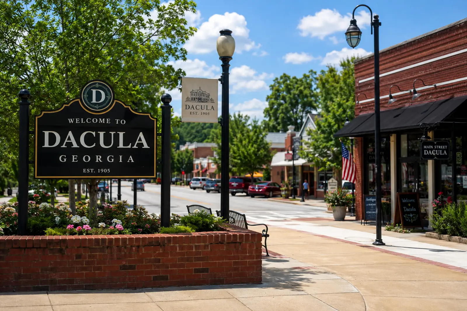 Downtown Dacula streetscape featuring the Welcome to Dacula sign, brick storefronts, sidewalks, and Main Street in daylight.