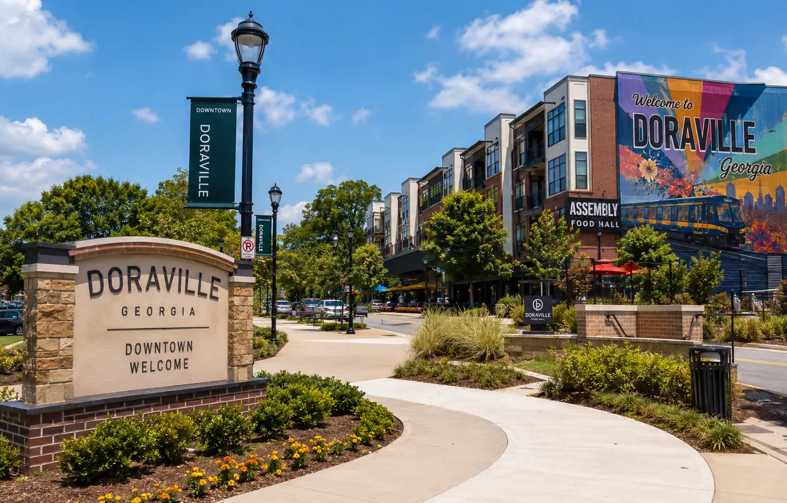 Doraville monument and landscaped sidewalk beside downtown buildings and a colorful wall mural