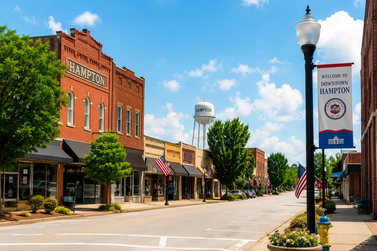 Brick storefronts line a downtown Hampton roadway with a water tower visible behind the buildings