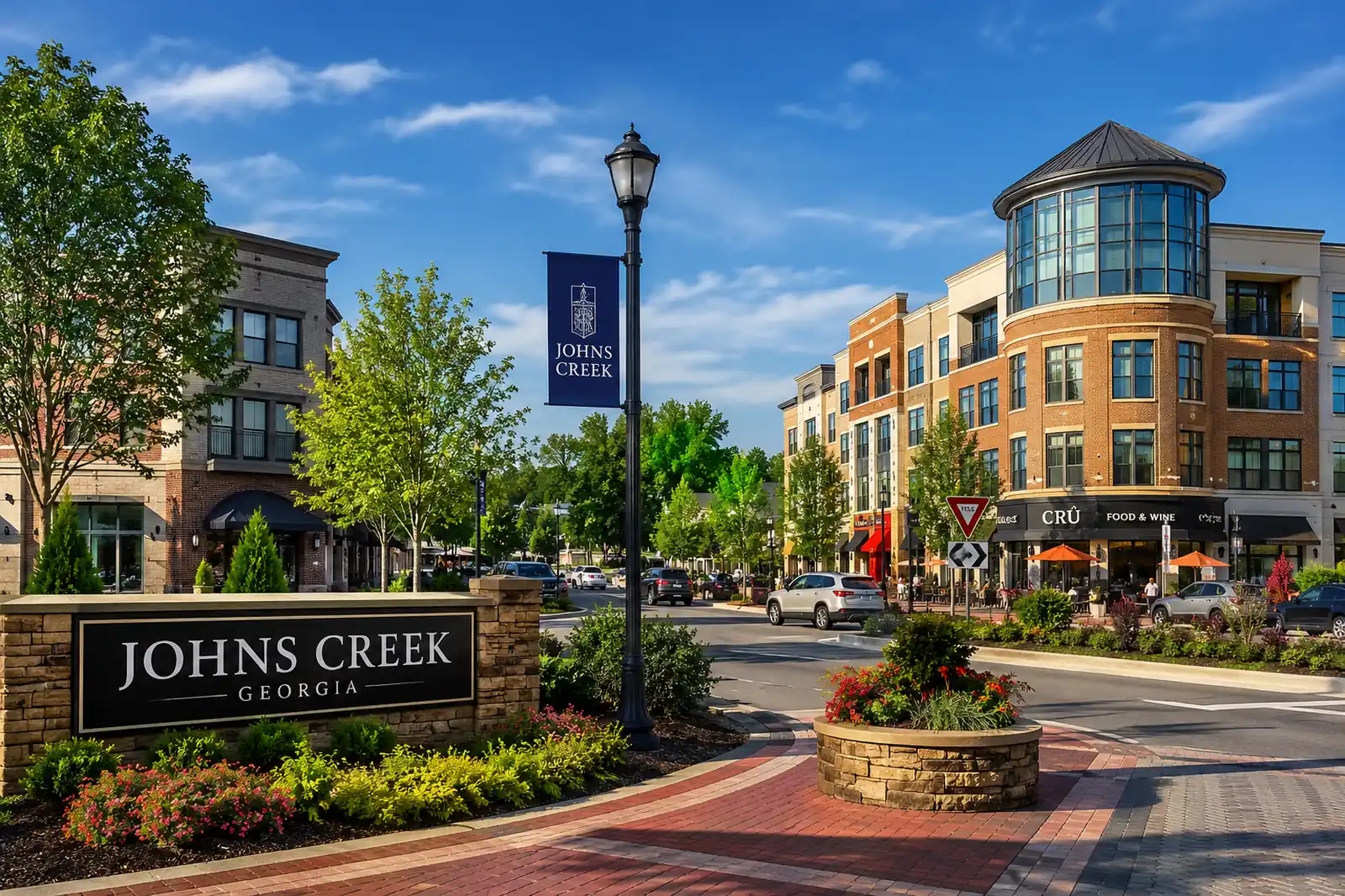 Johns Creek monument sign stands beside a landscaped commercial roadway lined with brick buildings and storefronts.