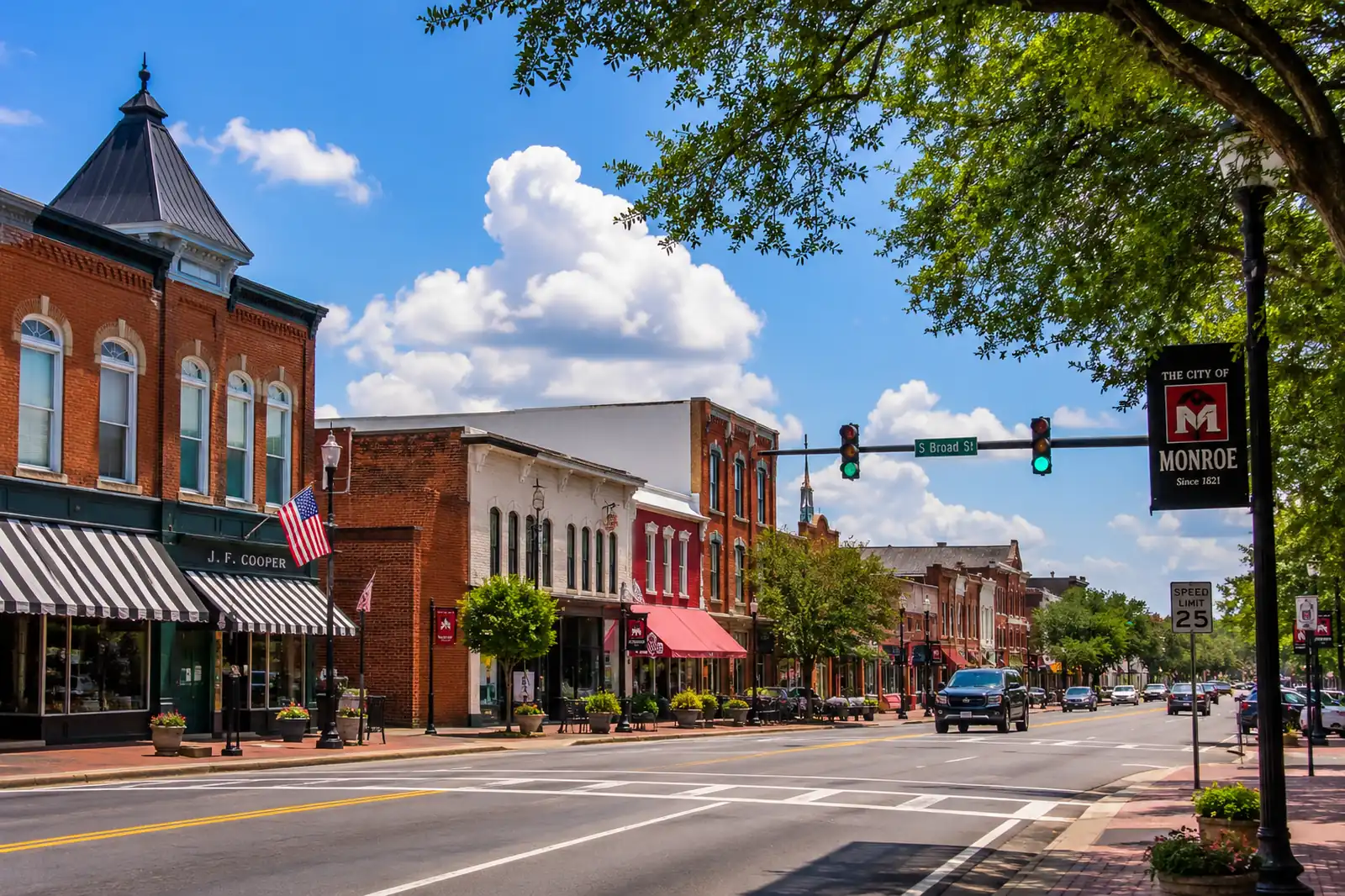 Historic brick storefronts line a downtown Monroe street beneath traffic signals and leafy street trees