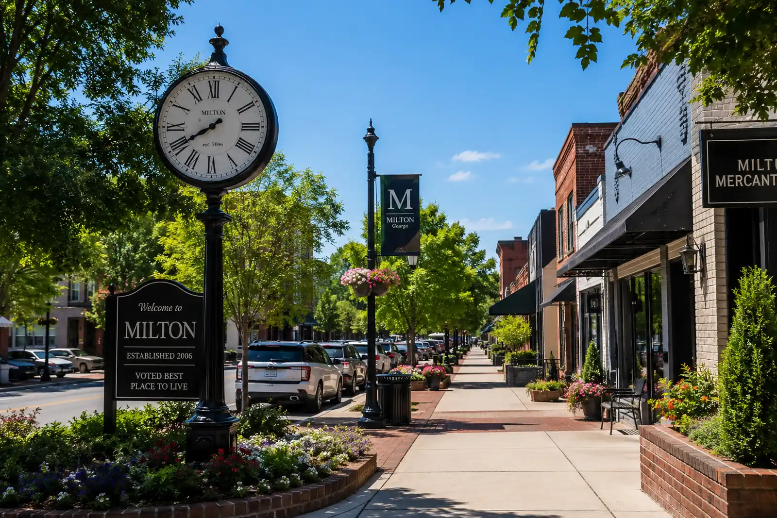 Brick storefronts line a landscaped downtown street beside a broad pedestrian sidewalk.