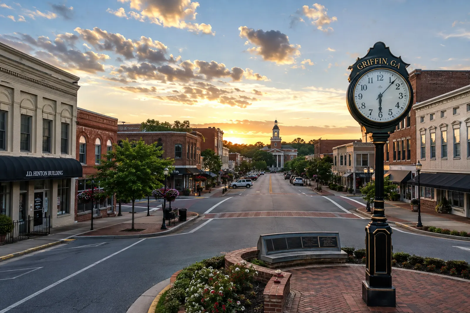 Historic storefronts line a downtown roadway beside a landscaped brick plaza