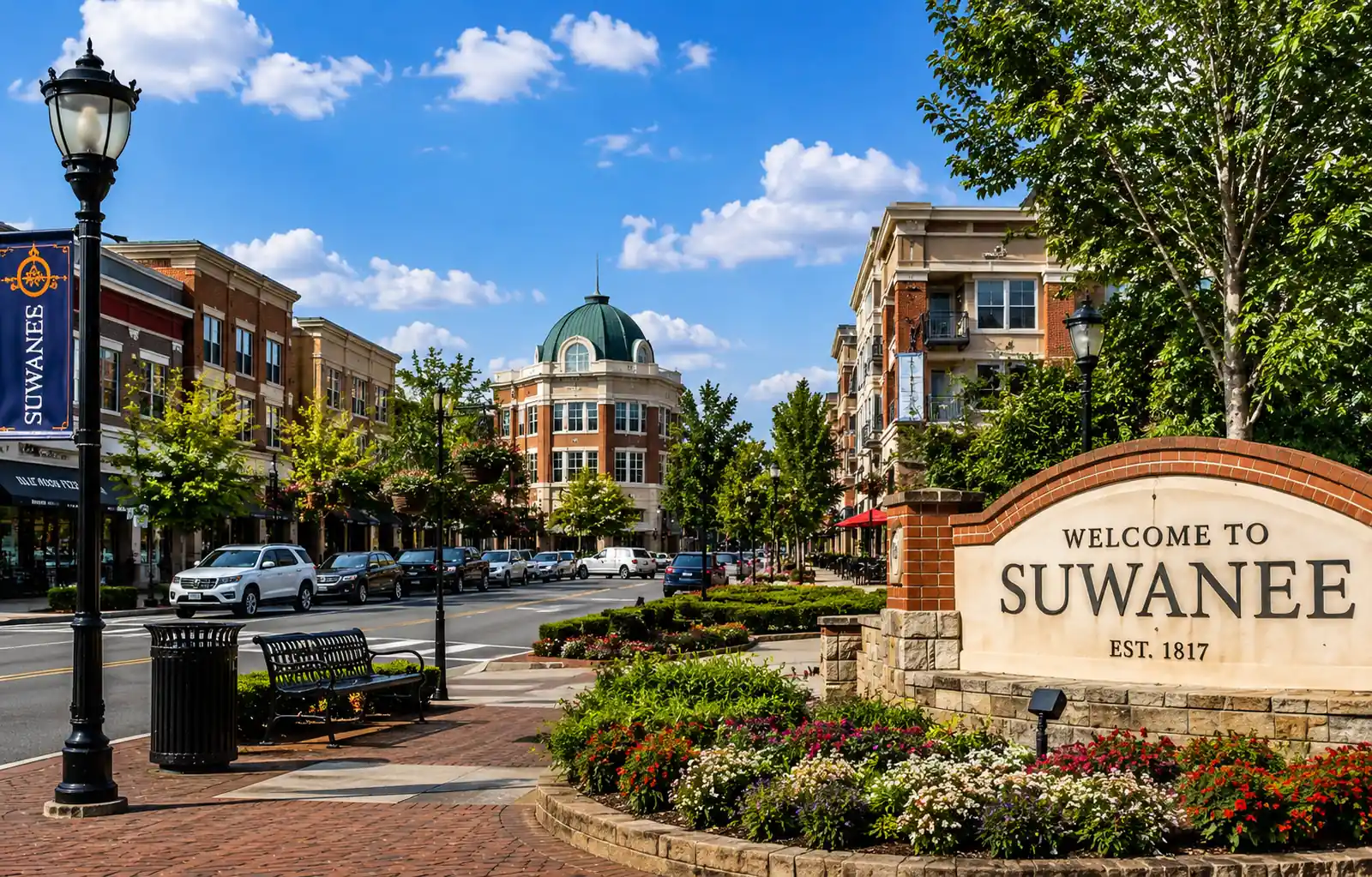 Downtown Suwanee welcome monument beside a landscaped main street with brick storefronts and a domed building beyond.