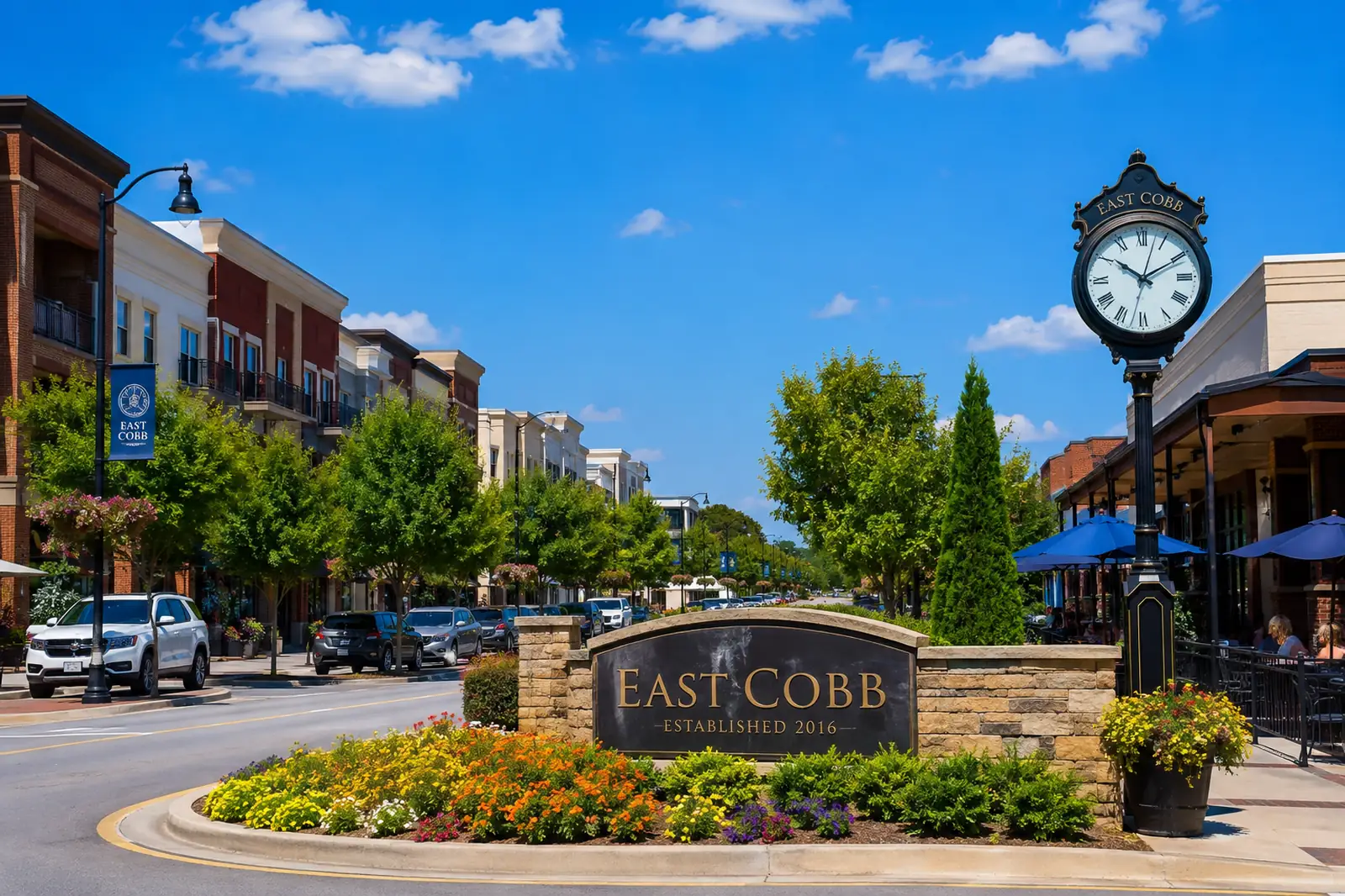 Stone East Cobb monument sign anchors a landscaped town-center street beside storefronts and outdoor dining.
