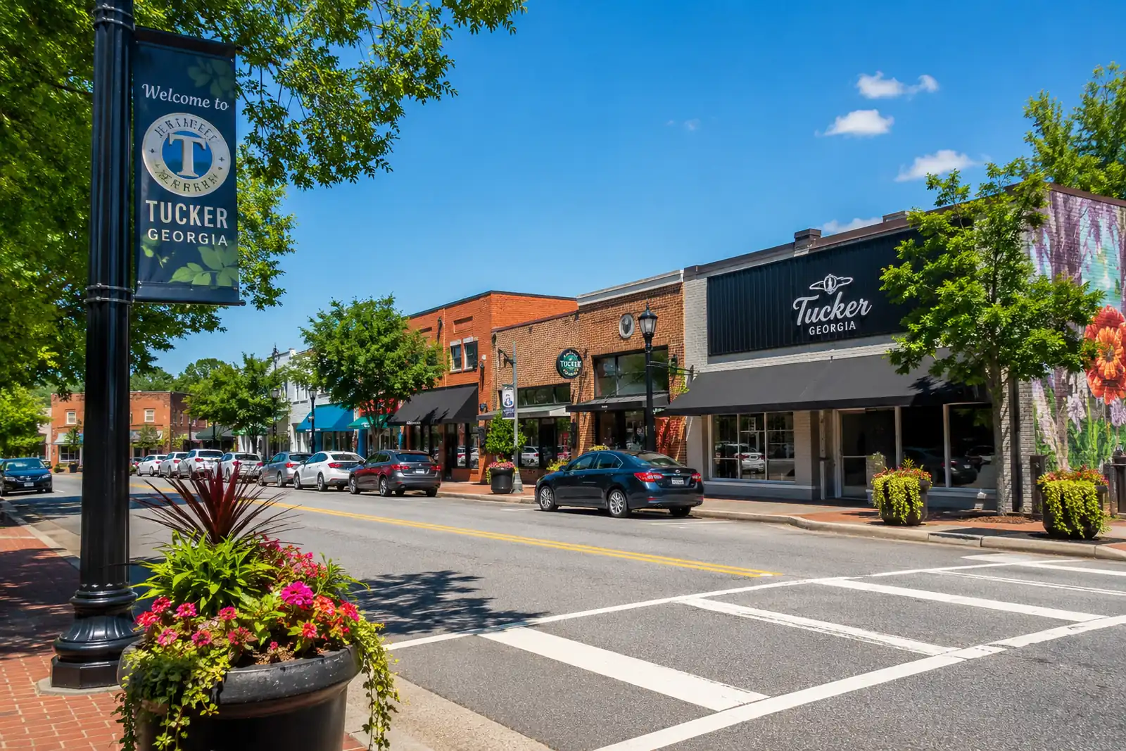 Brick storefronts, trees, crosswalk and parked vehicles along a walkable downtown Tucker commercial street in daylight.