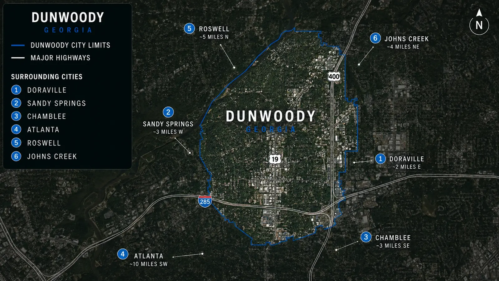 Dunwoody service area map showing city limits and surrounding Atlanta-area communities