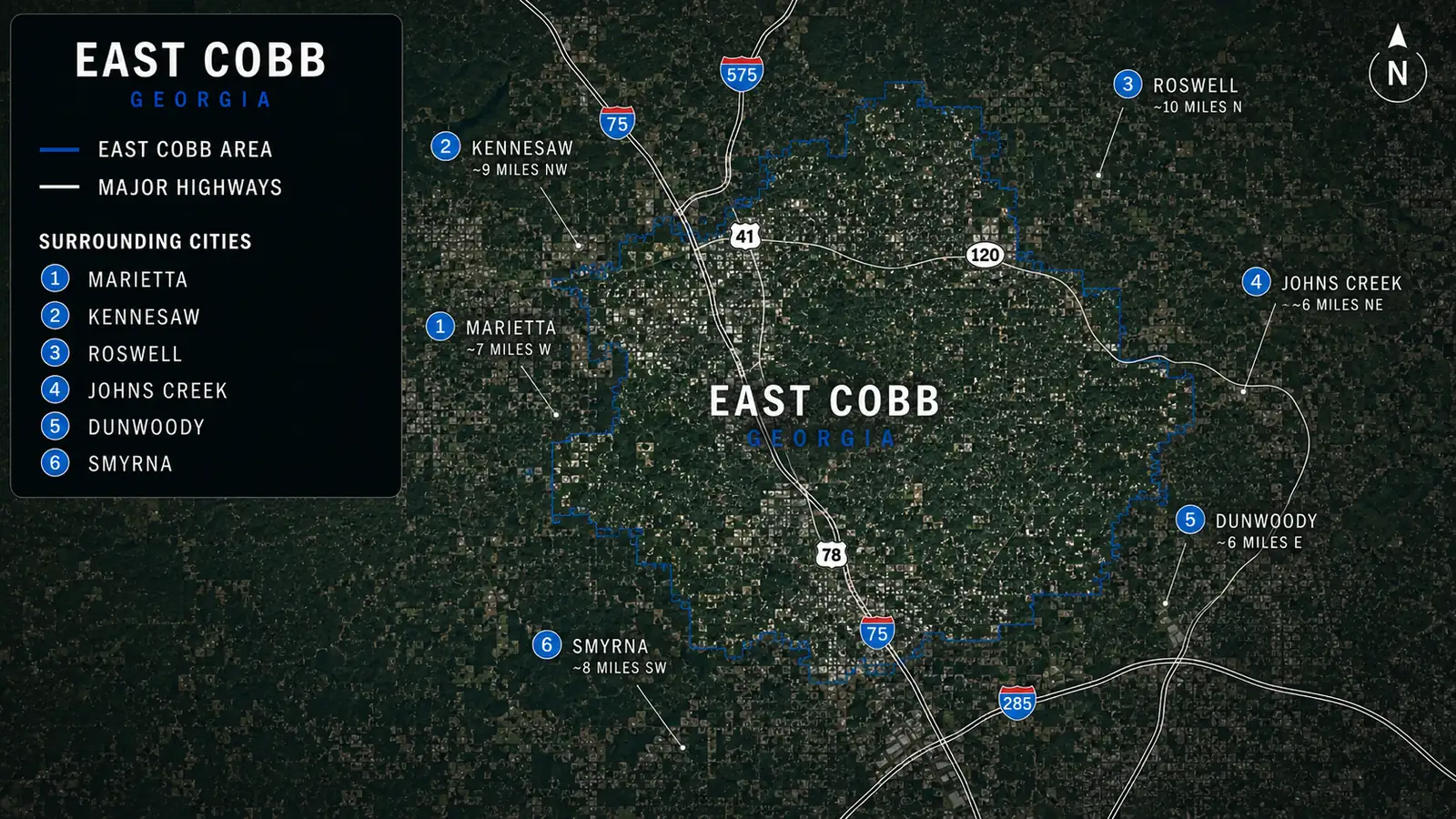 East Cobb area map with a blue boundary, major highways, and surrounding city markers