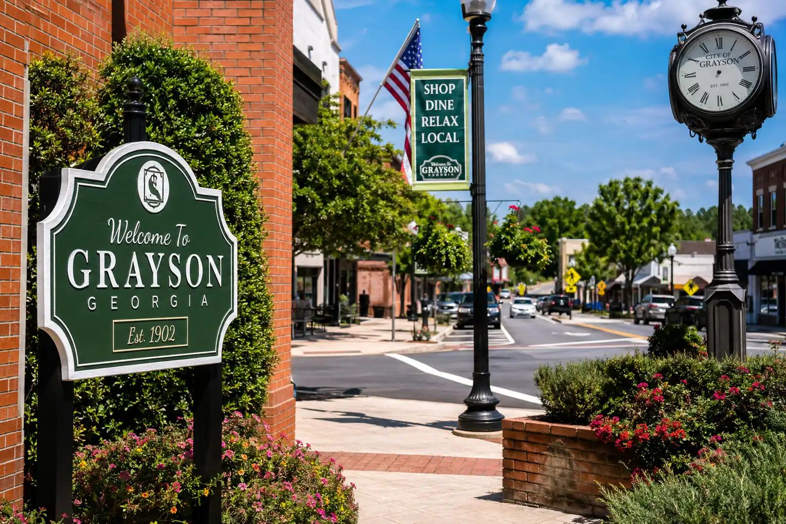 Downtown Grayson welcome sign beside the city's main street and commercial district.
