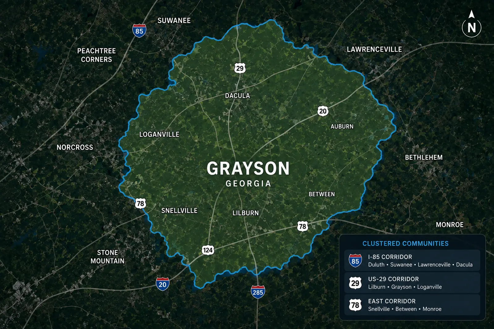 Grayson service area showing nearby communities including Loganville, Snellville, Lawrenceville, Dacula and Auburn.