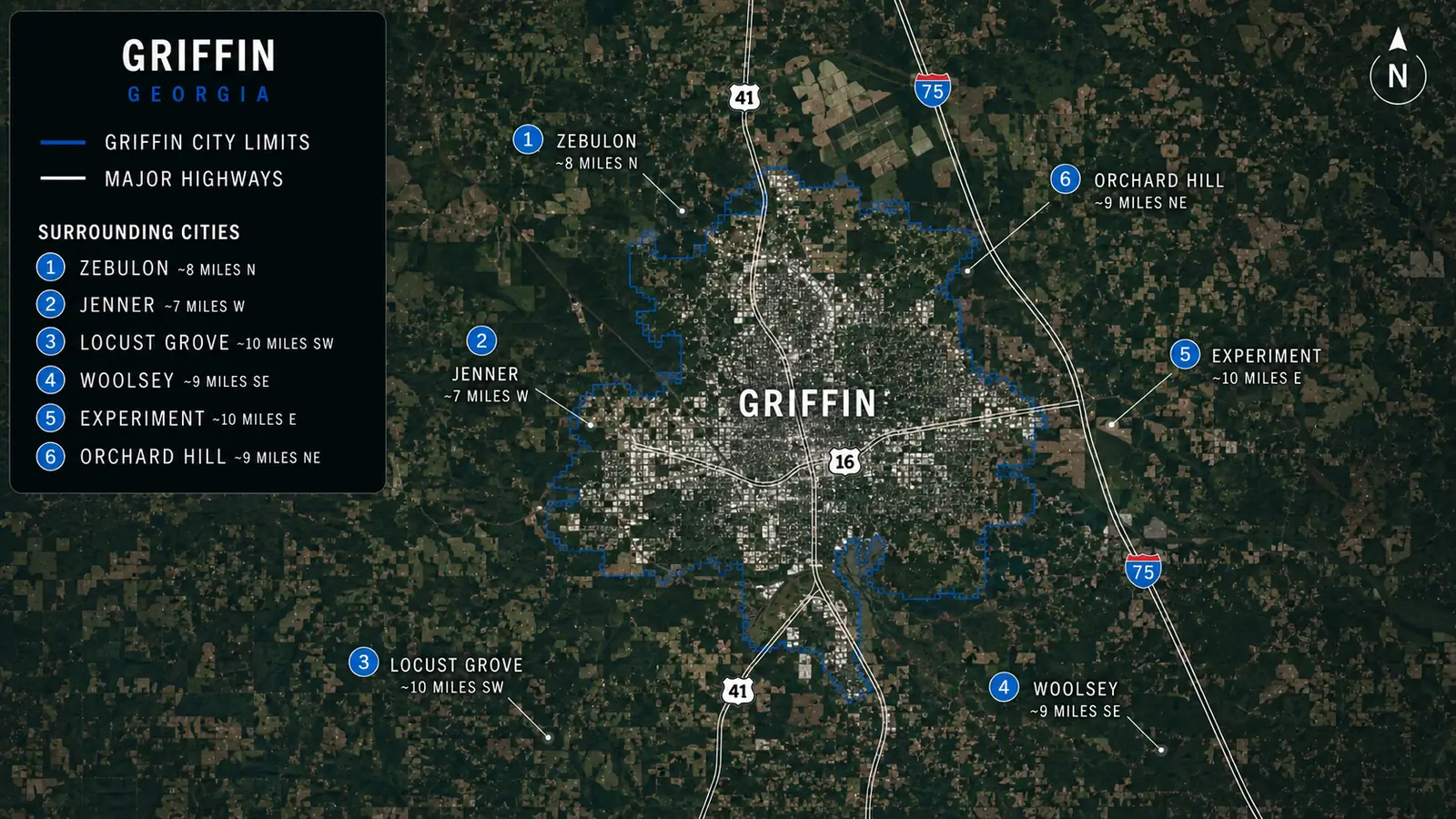 Map showing Griffin city limits, major highways, and surrounding communities in the Griffin area
