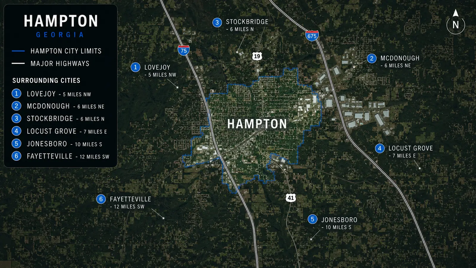Hampton, Georgia map showing city limits, major highways, and nearby communities