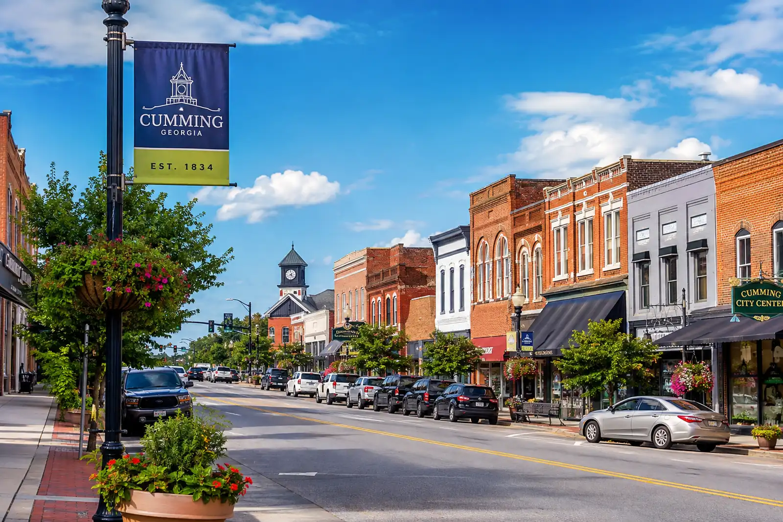 Historic brick storefronts line a downtown street beneath a Cumming Georgia banner with a clock tower visible in the distance.