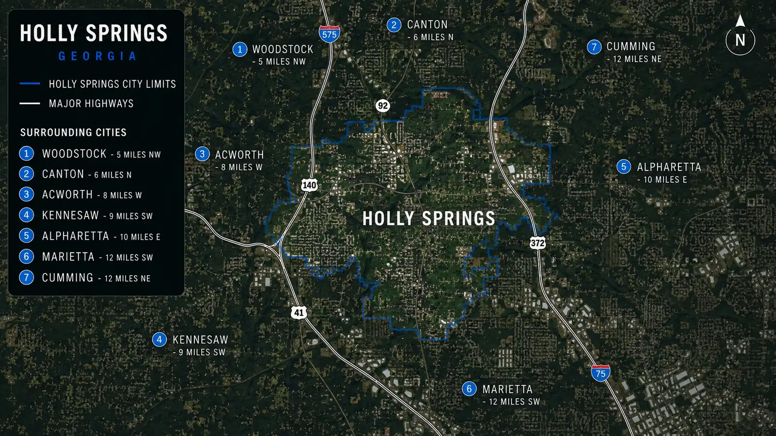 Holly Springs city limits mapped with surrounding cities and major highways