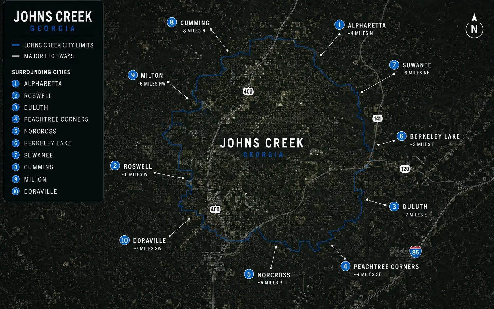Johns Creek city limits are outlined, with Alpharetta, Roswell, Suwanee, Duluth, and more places labeled around the boundary.