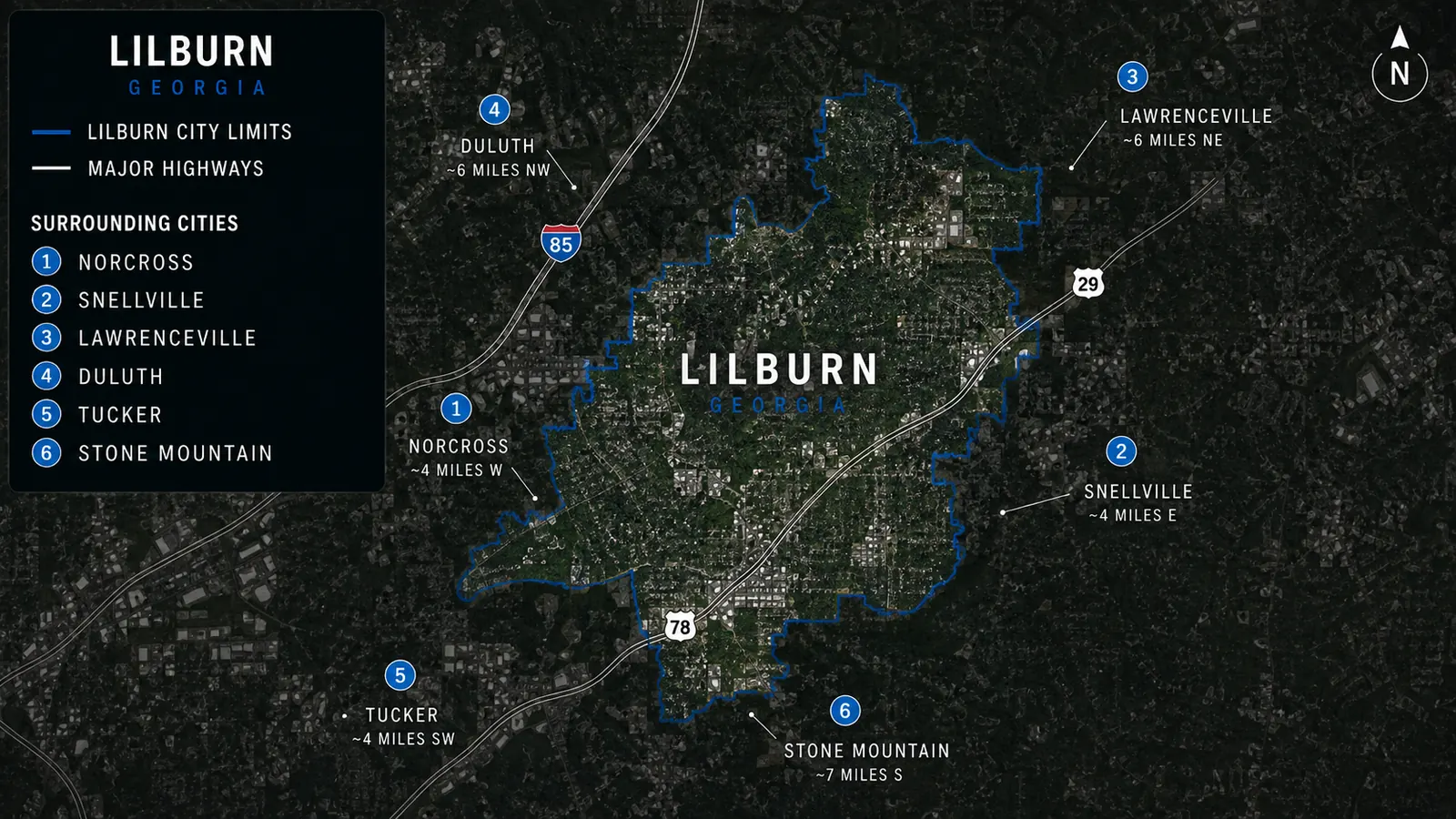 Map places Lilburn at the center with Norcross, Snellville, Lawrenceville, Duluth, Tucker, and Stone Mountain nearby