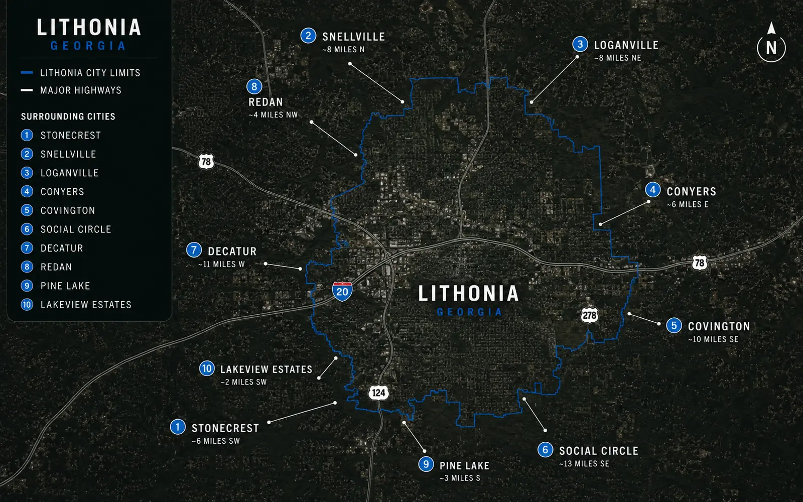 Map outlines the Lithonia city limits and identifies nearby communities and major highways.