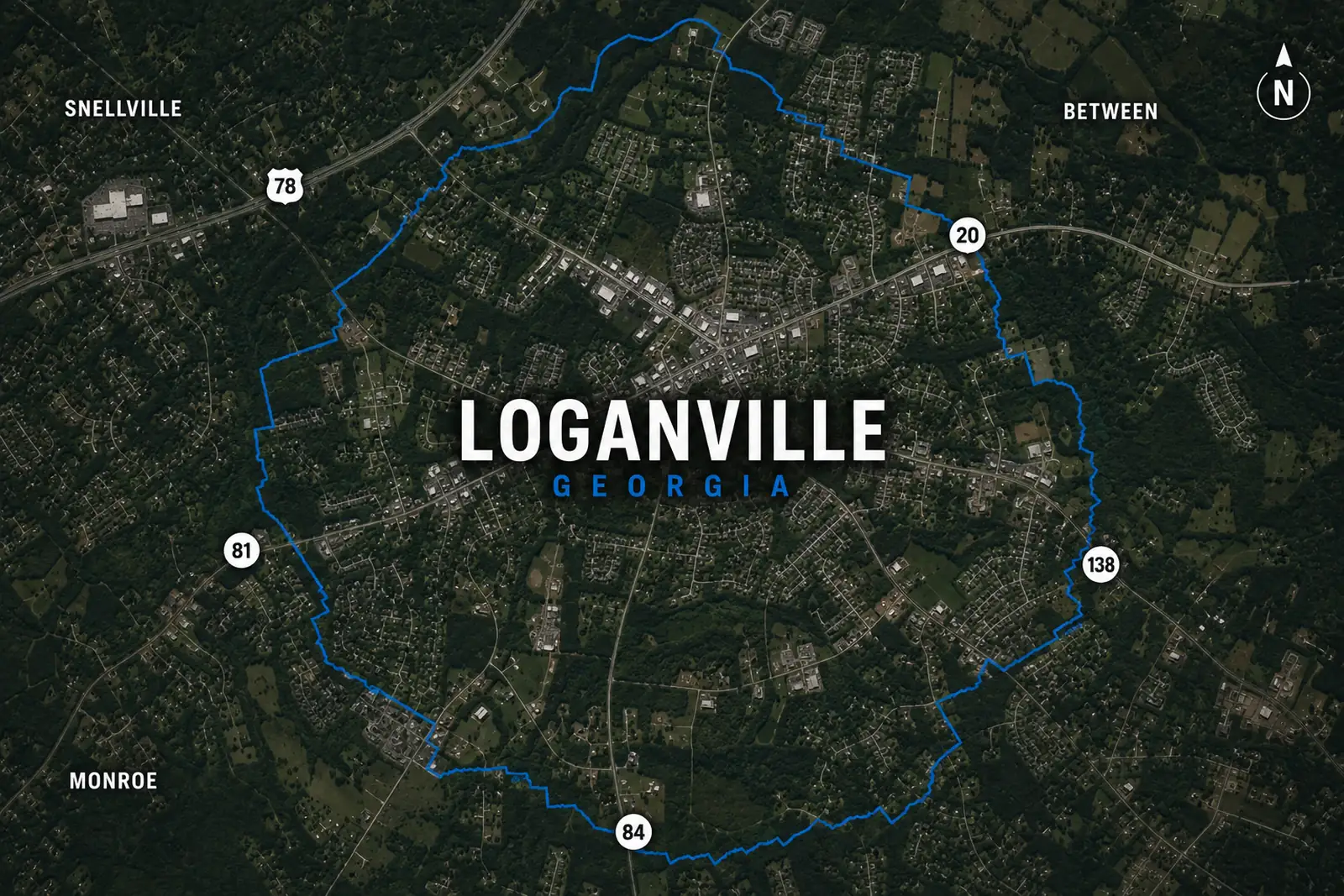Map showing Loganville's municipal boundary with major highways and surrounding communities for geographic reference.