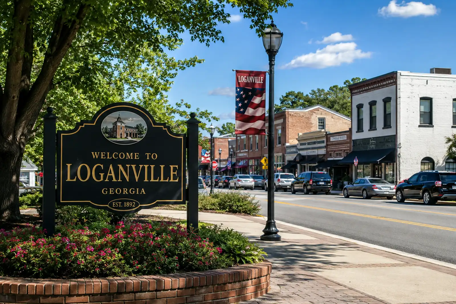 Welcome sign surrounded by landscaped flowers beside downtown Loganville storefronts on a sunny afternoon.