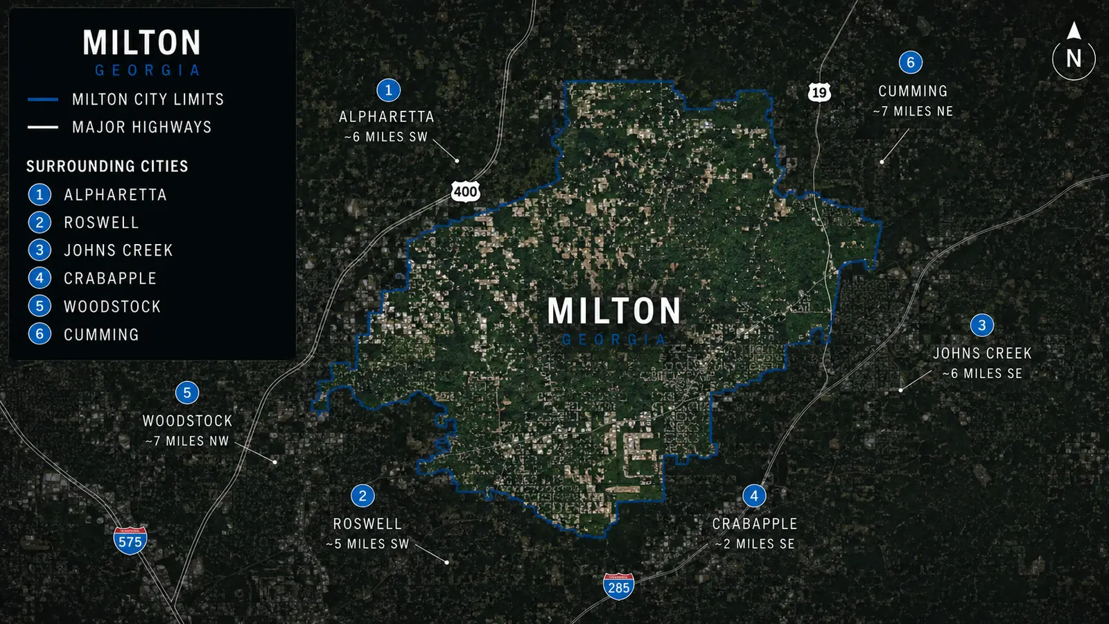 Milton, Georgia is mapped with its city limits and surrounding communities including Alpharetta, Roswell, and Cumming.