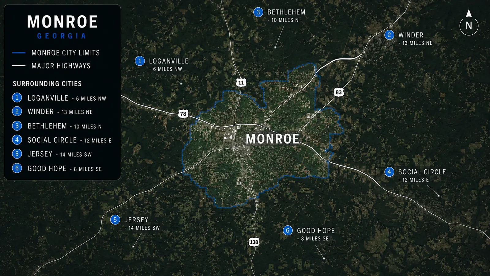 Map showing Monroe, Georgia city limits, major highways, and surrounding communities