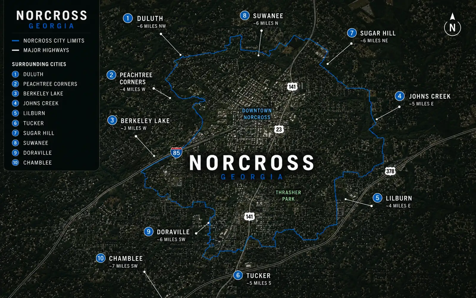 Map outlines the Norcross city limits and identifies nearby communities and major highways.