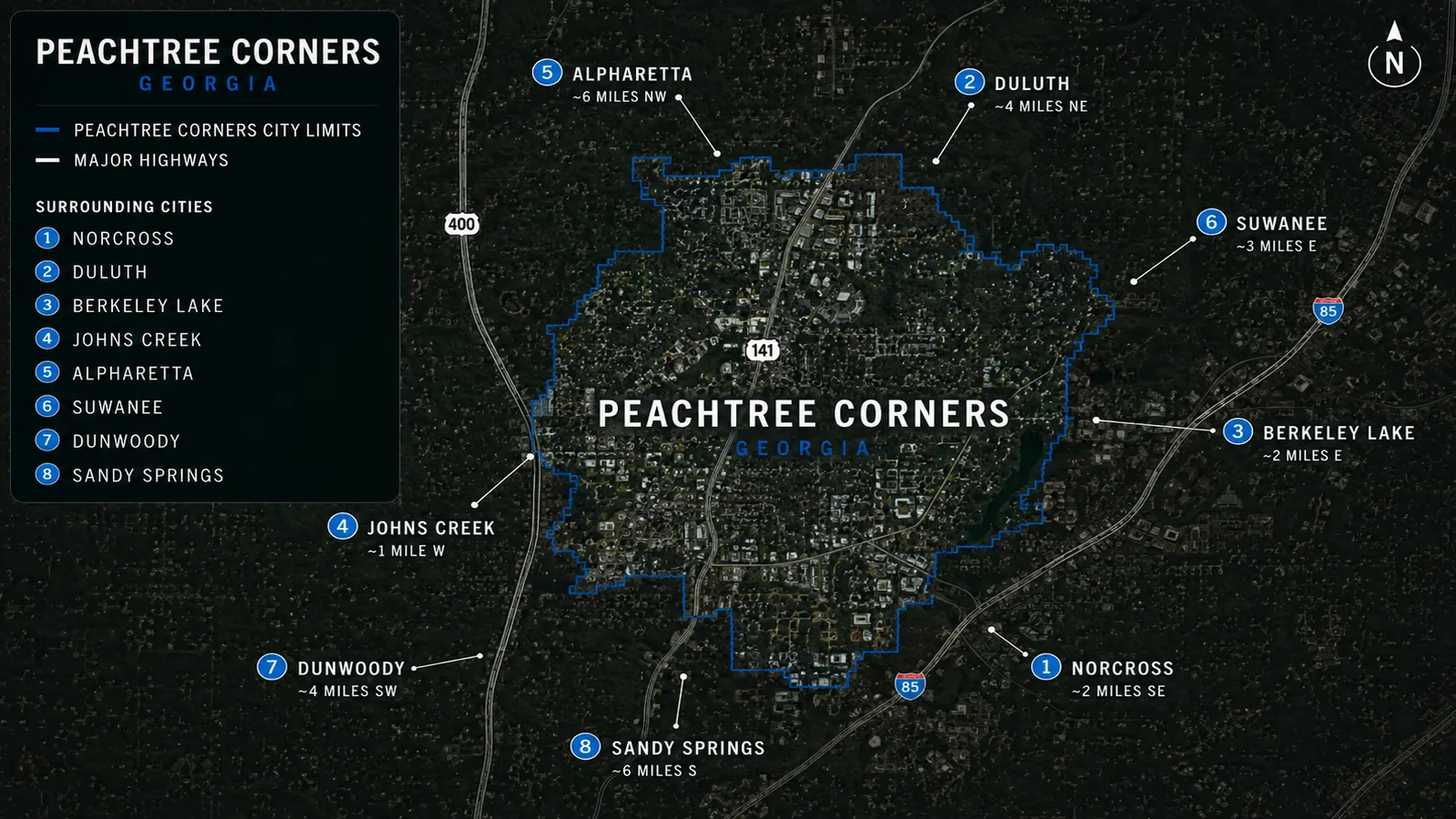 Peachtree Corners city limits with nearby communities and major highway connections