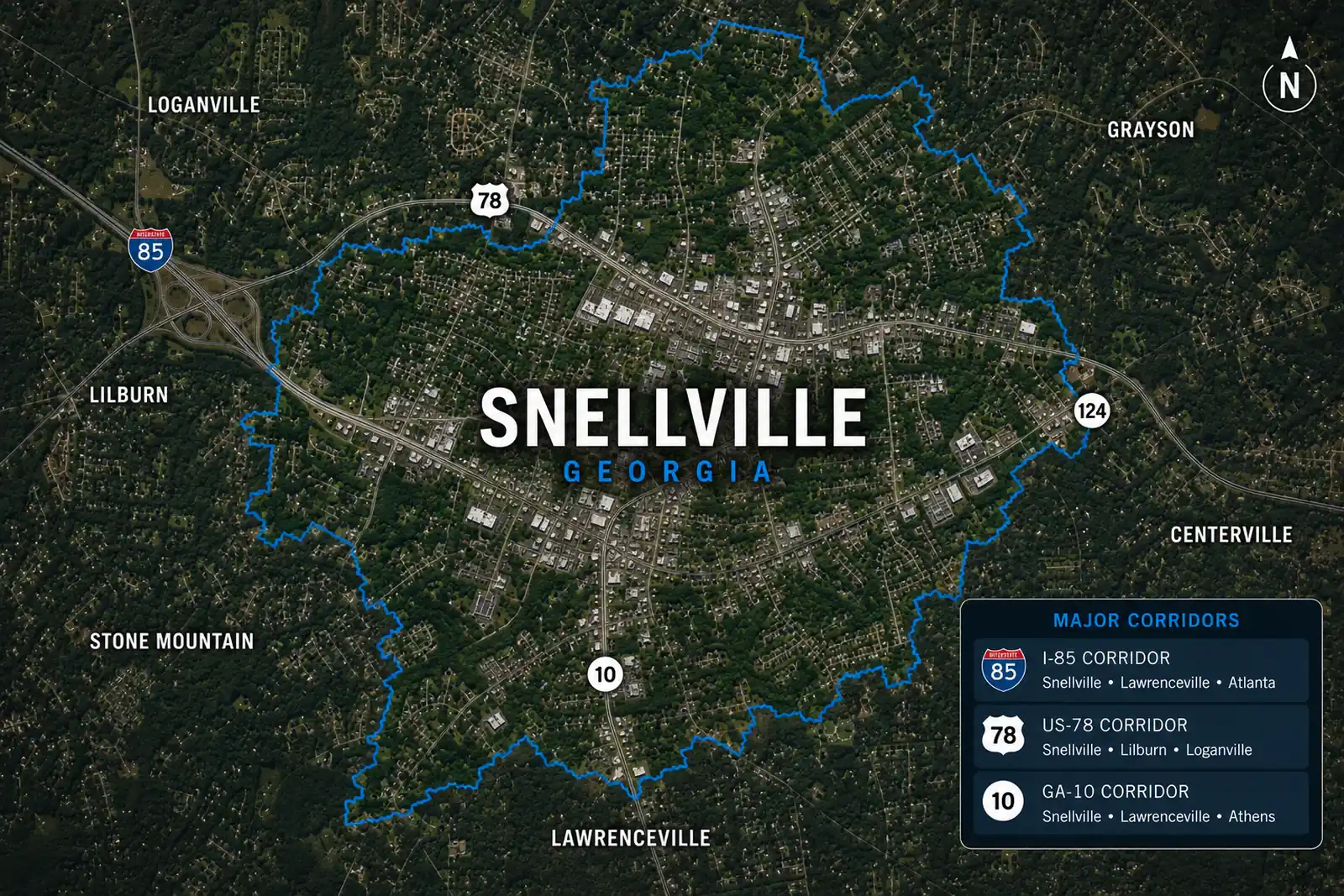 Service area map identifying Snellville and its primary transportation corridors for local moving coverage.