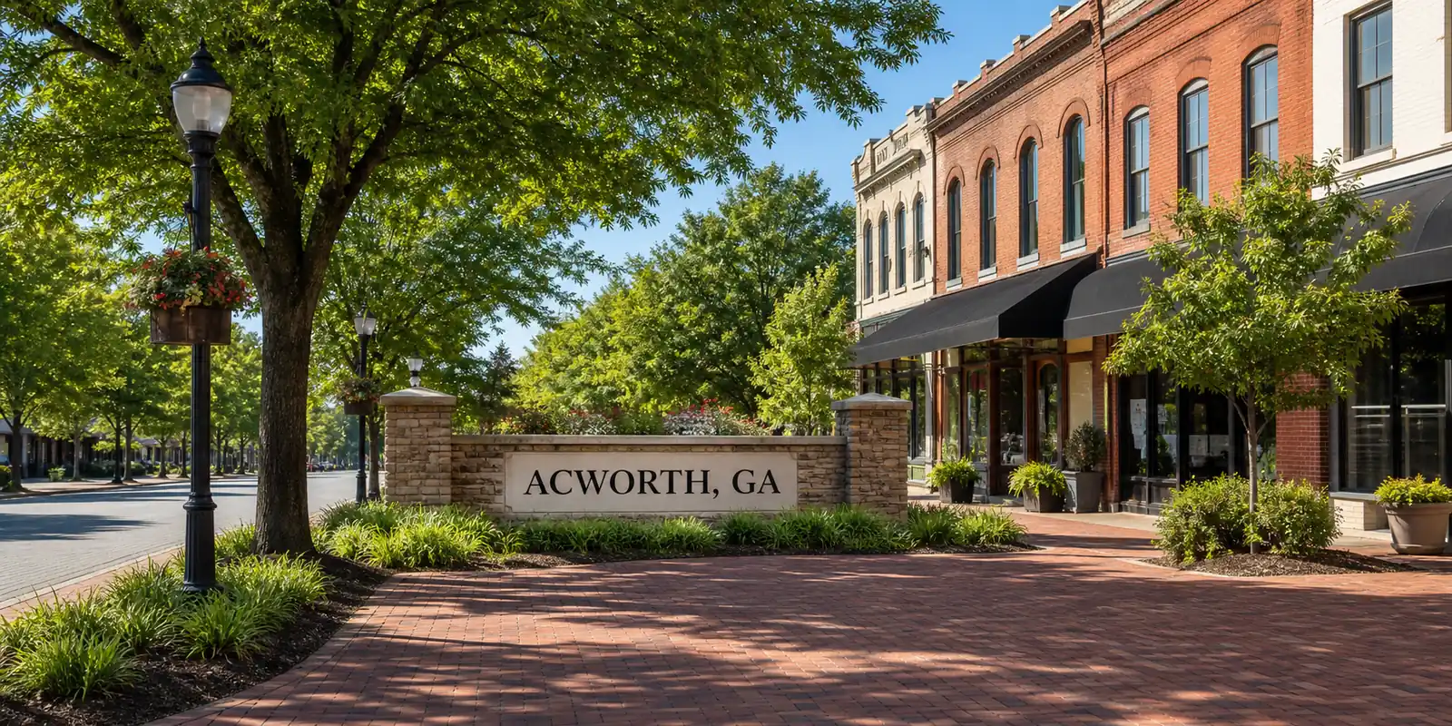 Stone Acworth city sign beside tree-lined brick storefronts and sidewalks.