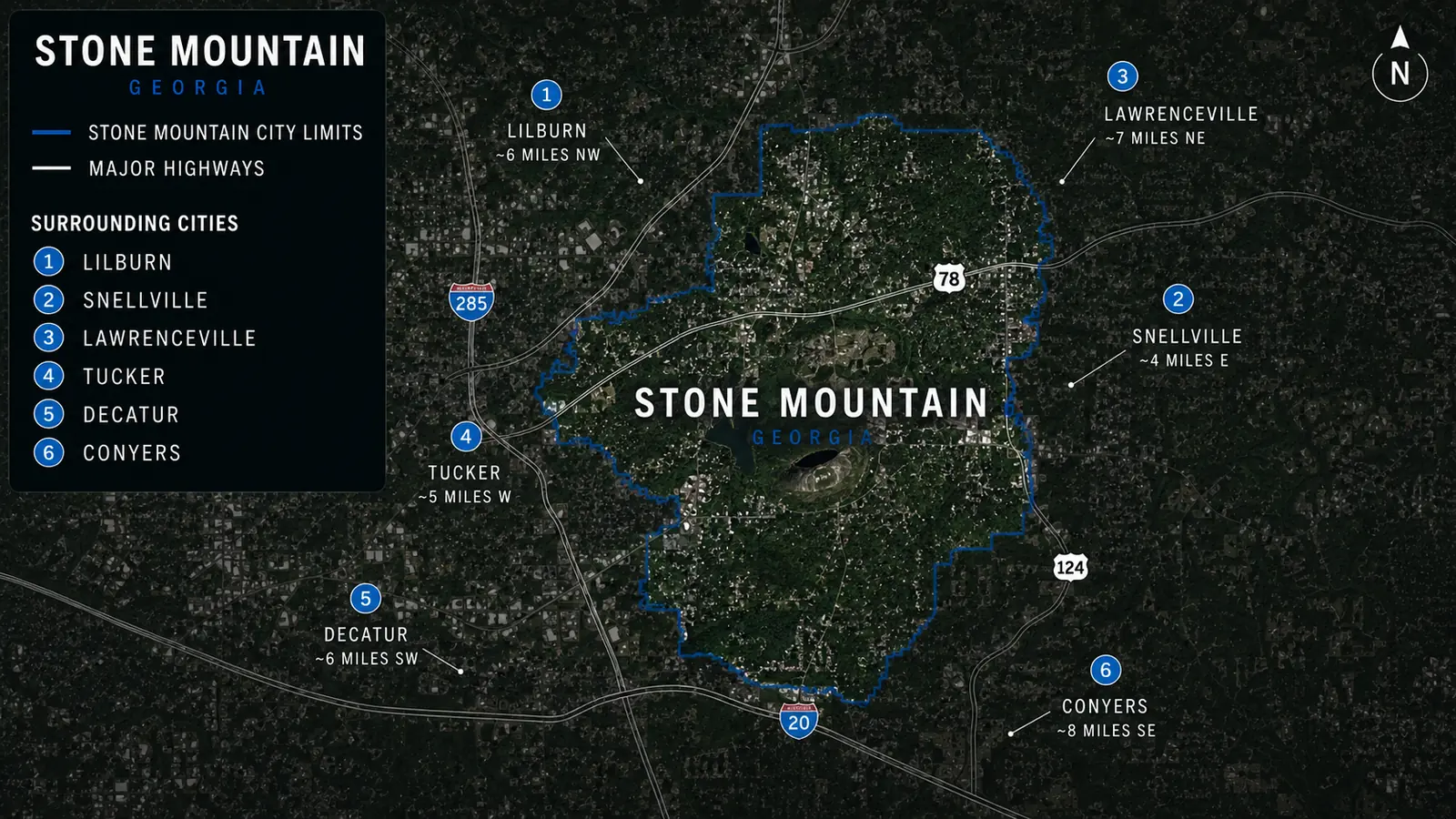Stone Mountain is shown within its city boundary alongside nearby cities and major highways.
