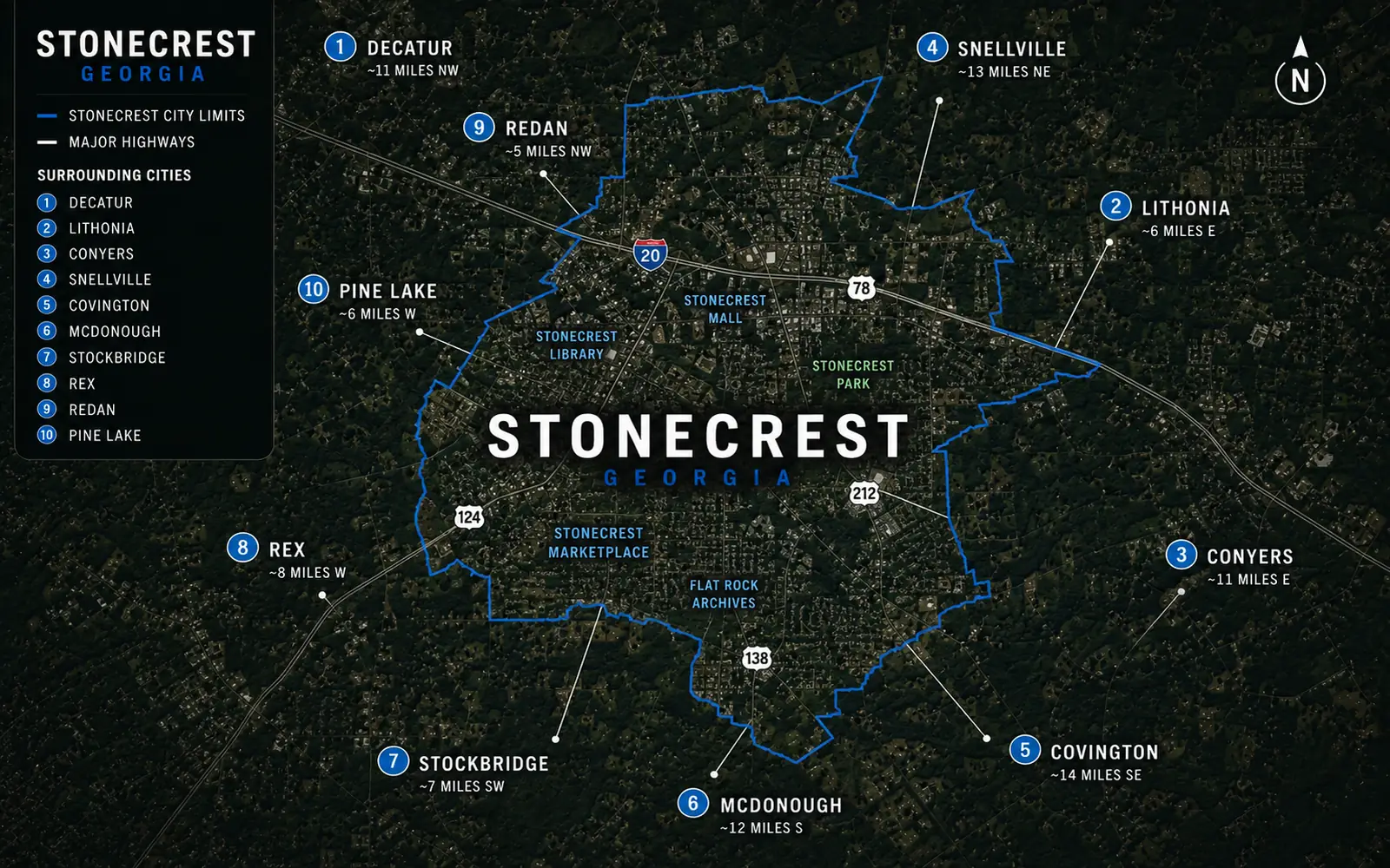 Map identifies Stonecrest and surrounding communities including Lithonia, Conyers, Decatur, and Snellville.