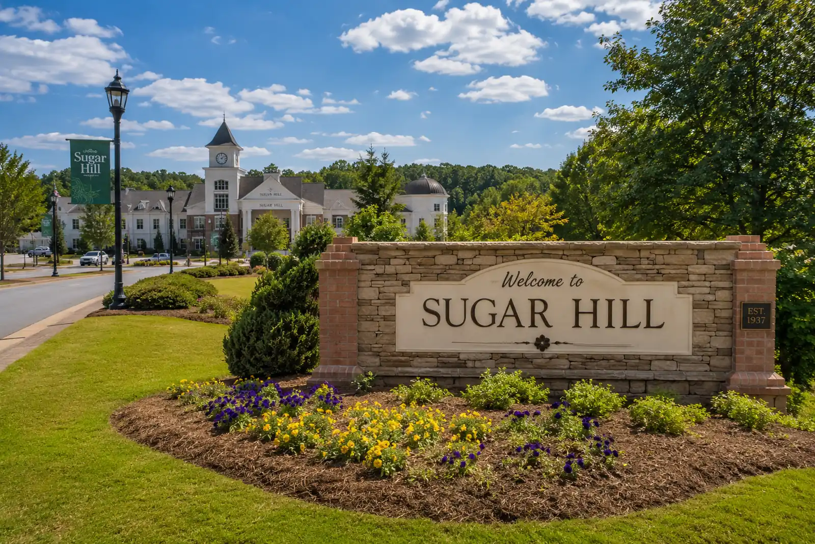 Stone monument reads "Welcome to SUGAR HILL" beside landscaped grounds and a clock-tower building.