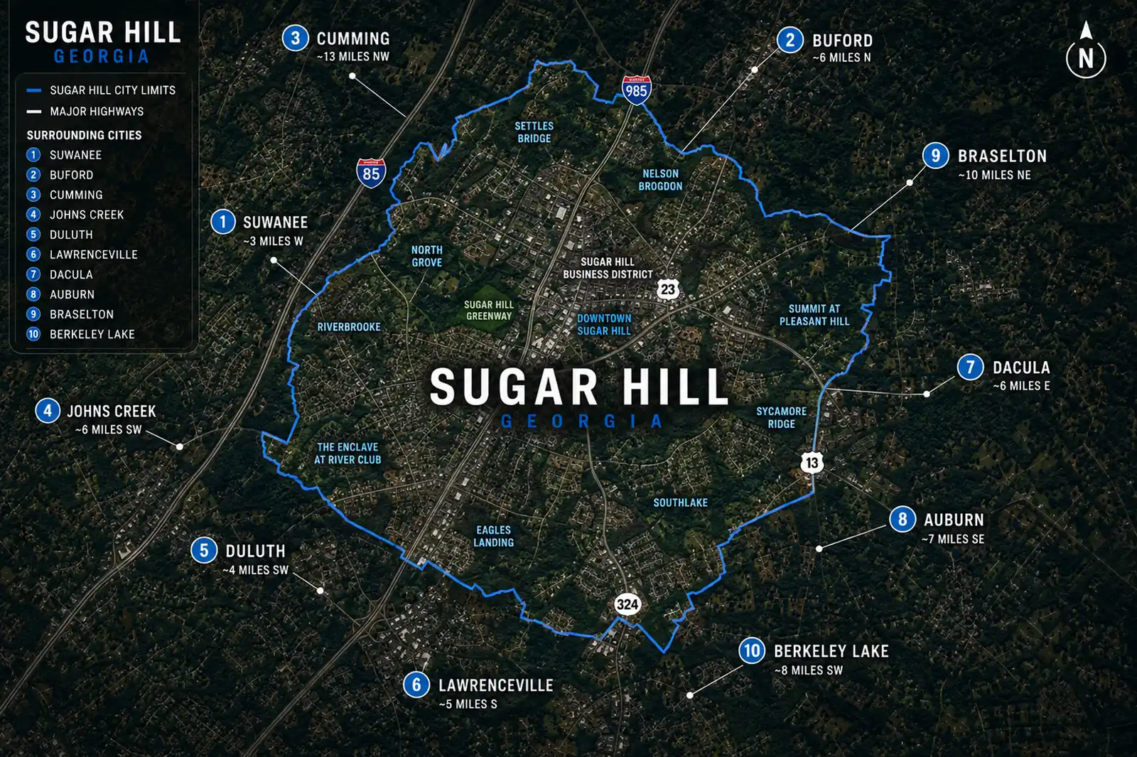 Sugar Hill is shown within a service-area cluster connecting nearby Gwinnett-area cities.