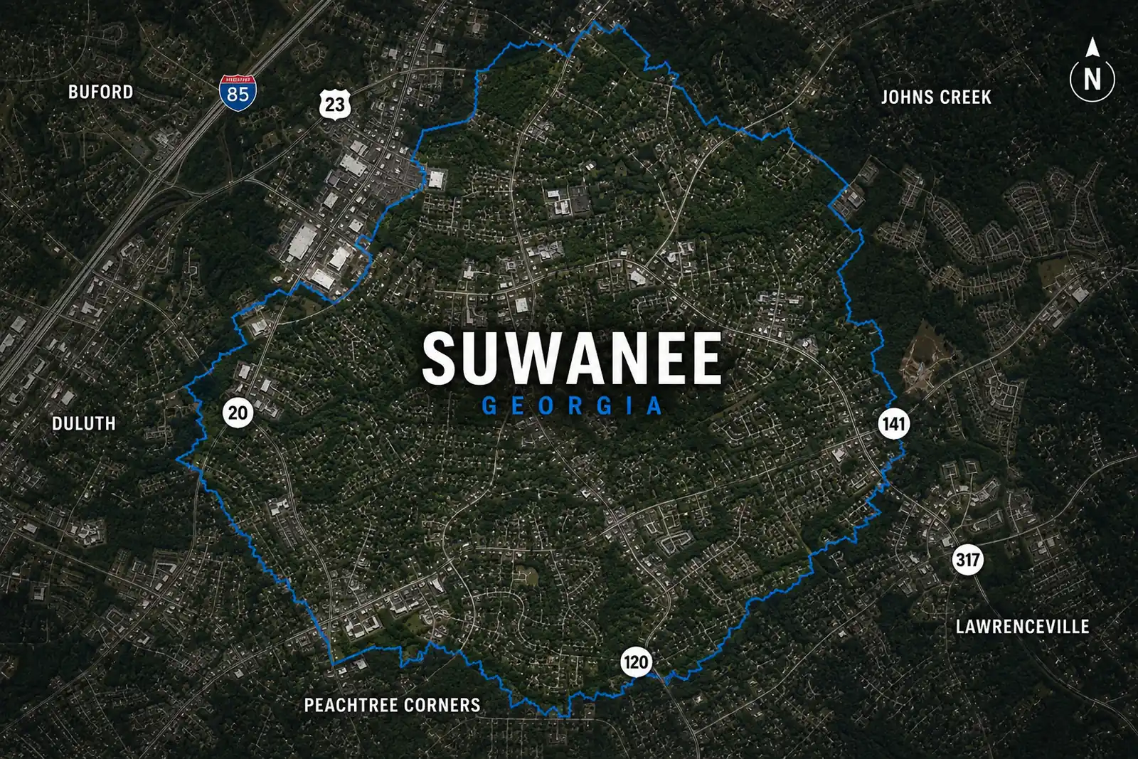 Map defining Suwanee city limits with major highway corridors and surrounding neighboring communities.