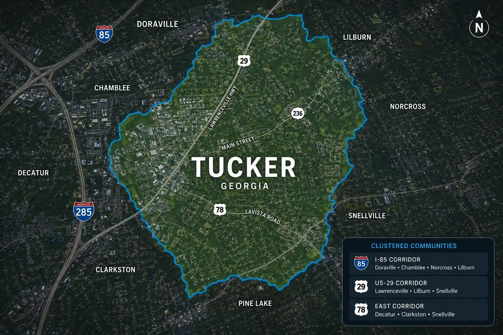 Diagram showing the Tucker service area and its surrounding community corridors for local moving coverage.