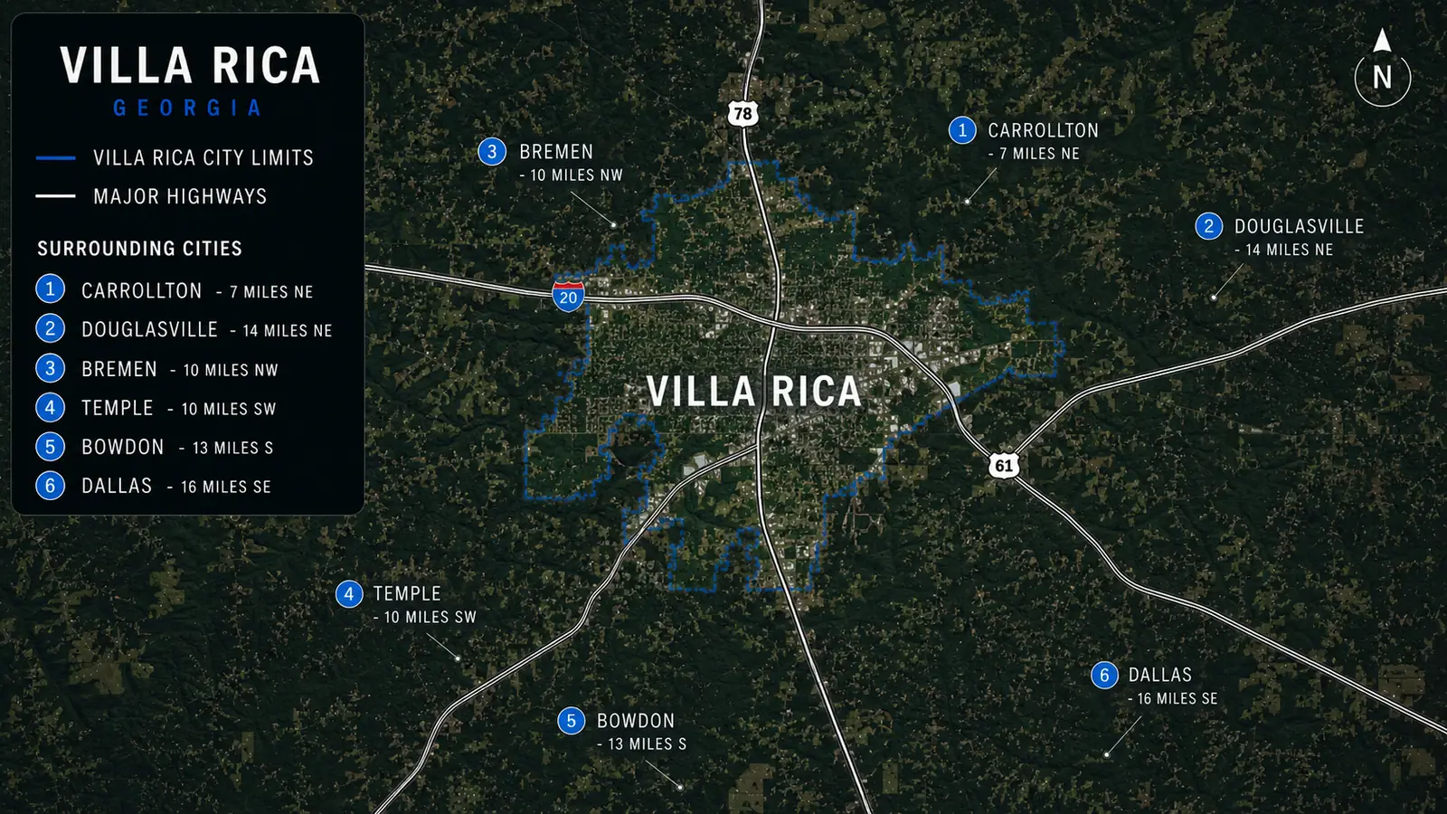 Map of Villa Rica showing city limits, major highways, and surrounding communities