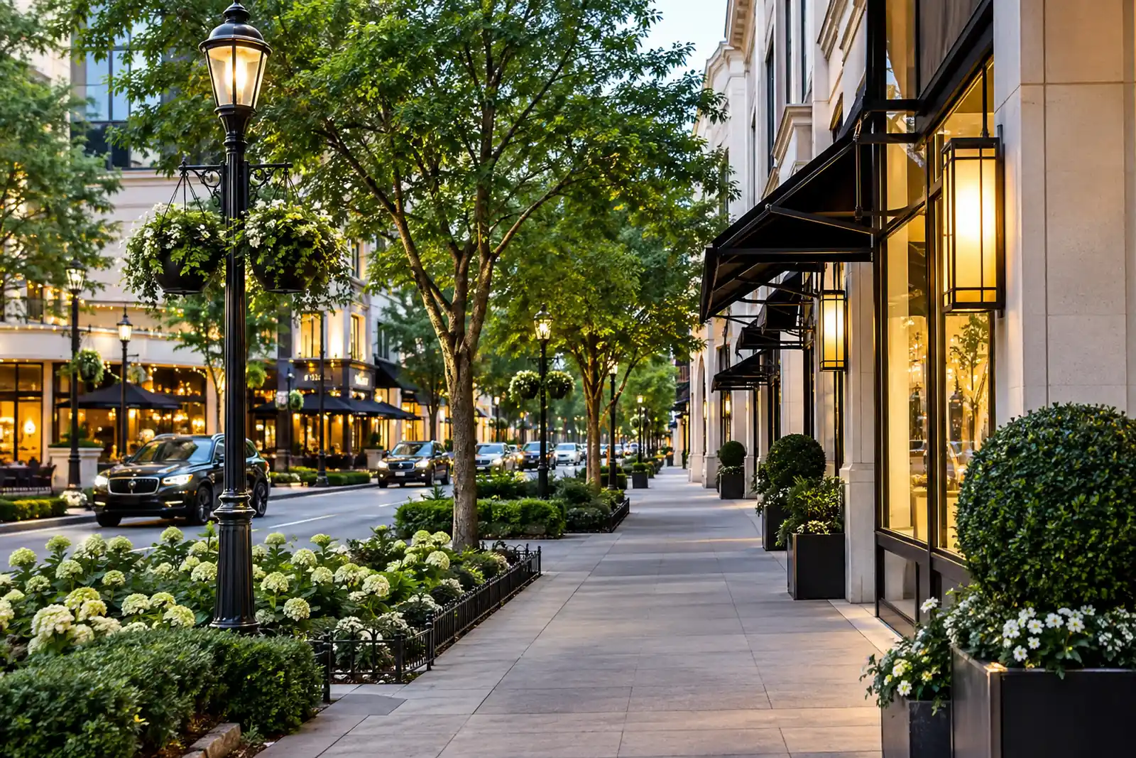 Tree-lined upscale shopping street representing the Buckhead Atlanta neighborhood, with landscaped sidewalks, storefronts, street lamps, and mature greenery.