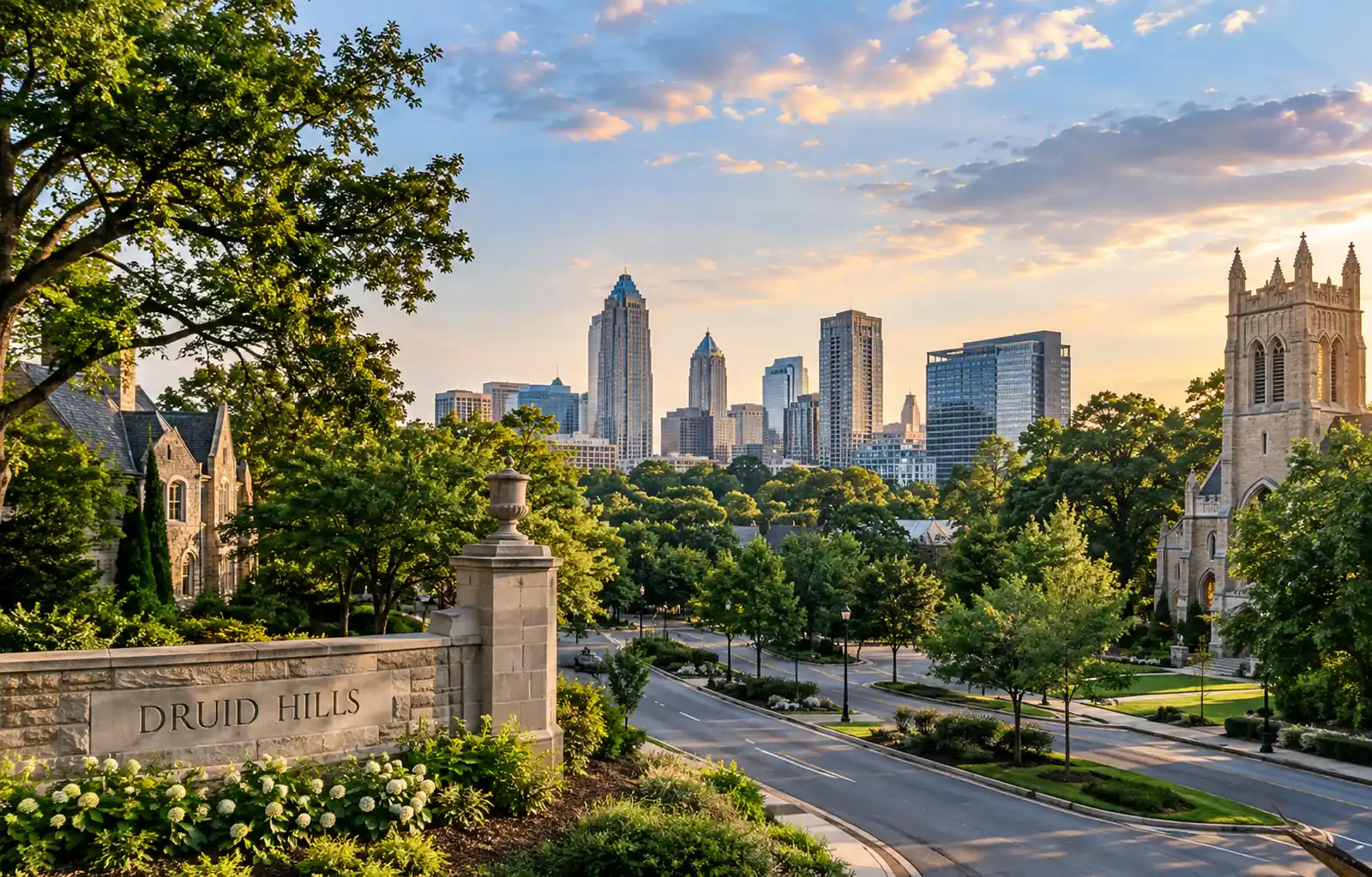 A landscaped Druid Hills entrance overlooks a tree-lined road with Atlanta's skyline in the background.