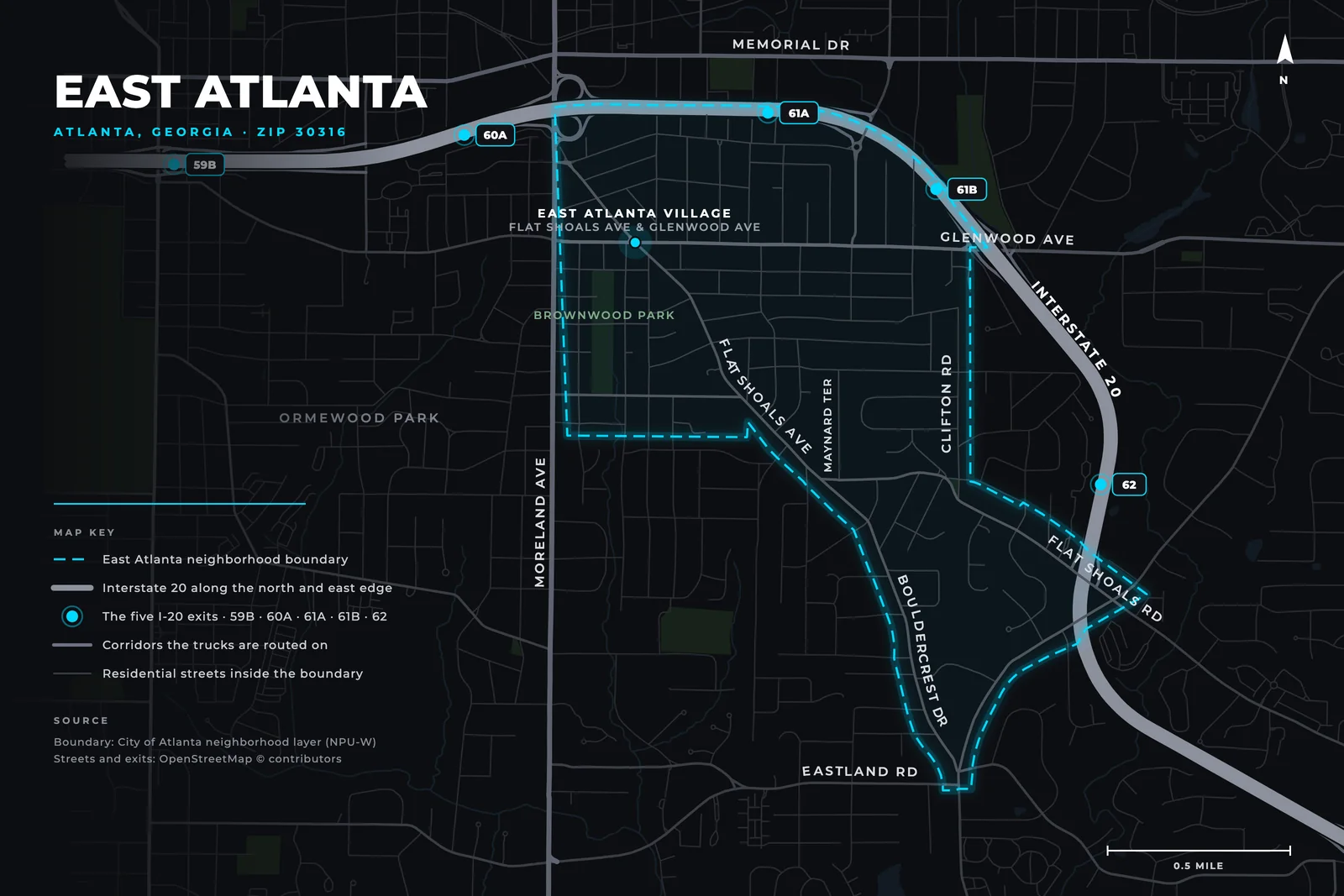 Map of the East Atlanta neighborhood boundary, with Moreland Avenue on the west edge, Interstate 20 and its five exits (59B, 60A, 61A, 61B, 62) along the north and east, and Flat Shoals Avenue, Glenwood Avenue, Flat Shoals Road, Bouldercrest Drive and Clifton Road marked.