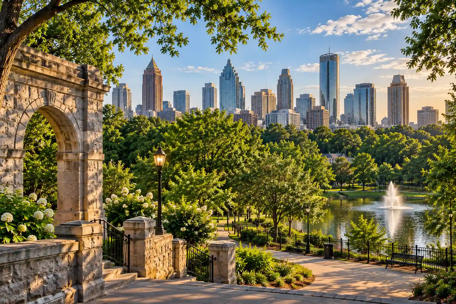 A scenic view of Grant Park with landscaped paths, a fountain pond, mature trees, and the Atlanta skyline beyond.