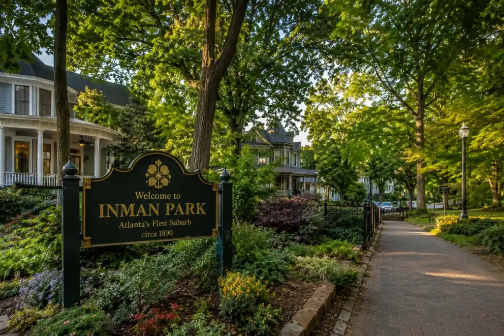 Inman Park sign beside a tree-lined brick walkway with landscaped residential homes.