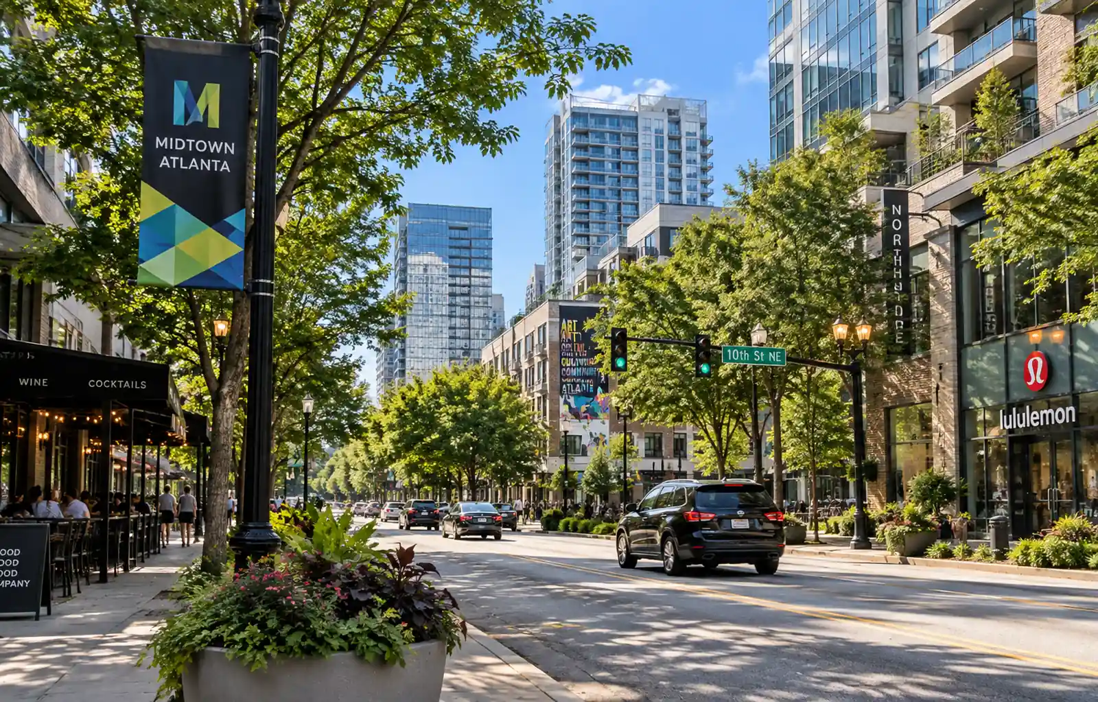 A tree-lined Atlanta street with pedestrians, traffic, storefronts, and modern mid-rise buildings.