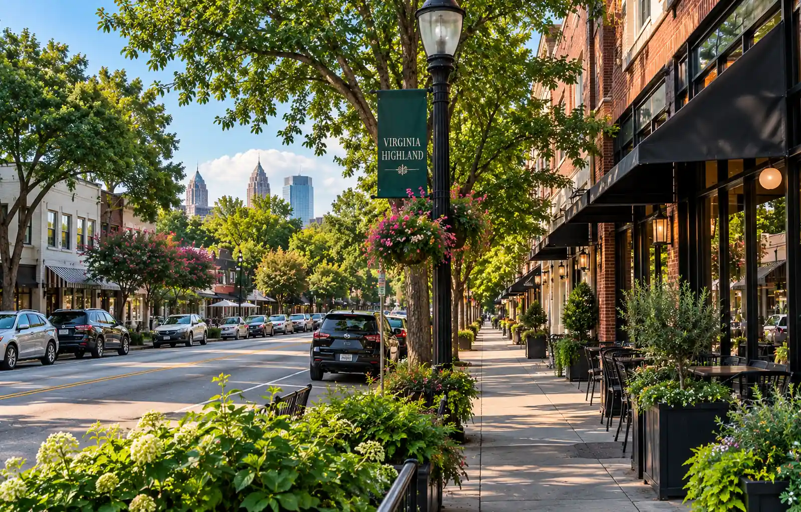 Tree-lined commercial street with brick storefronts, sidewalk cafés, parked cars, and a Virginia Highland banner.