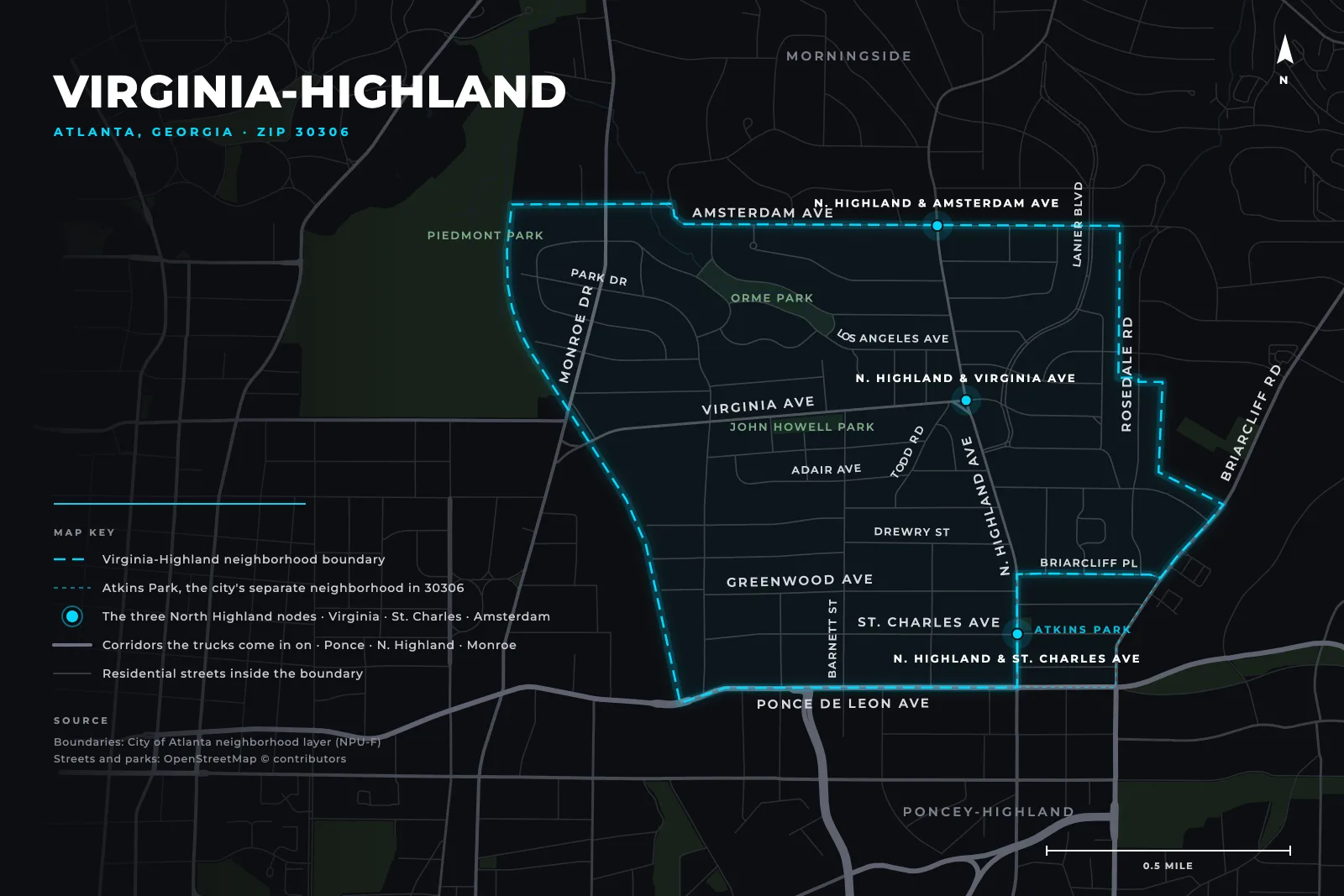 Map of the Virginia-Highland neighborhood boundary in Atlanta, with Ponce de Leon Avenue on the south edge, Amsterdam Avenue on the north, Briarcliff Road on the east and Monroe Drive on the west, the three North Highland Avenue nodes at Virginia, St. Charles and Amsterdam marked, and Lanier Boulevard, Los Angeles Avenue, Adair Avenue, Todd Road, Drewry Street, Greenwood Avenue, Barnett Street, Rosedale Road, Park Drive and Briarcliff Place labeled.