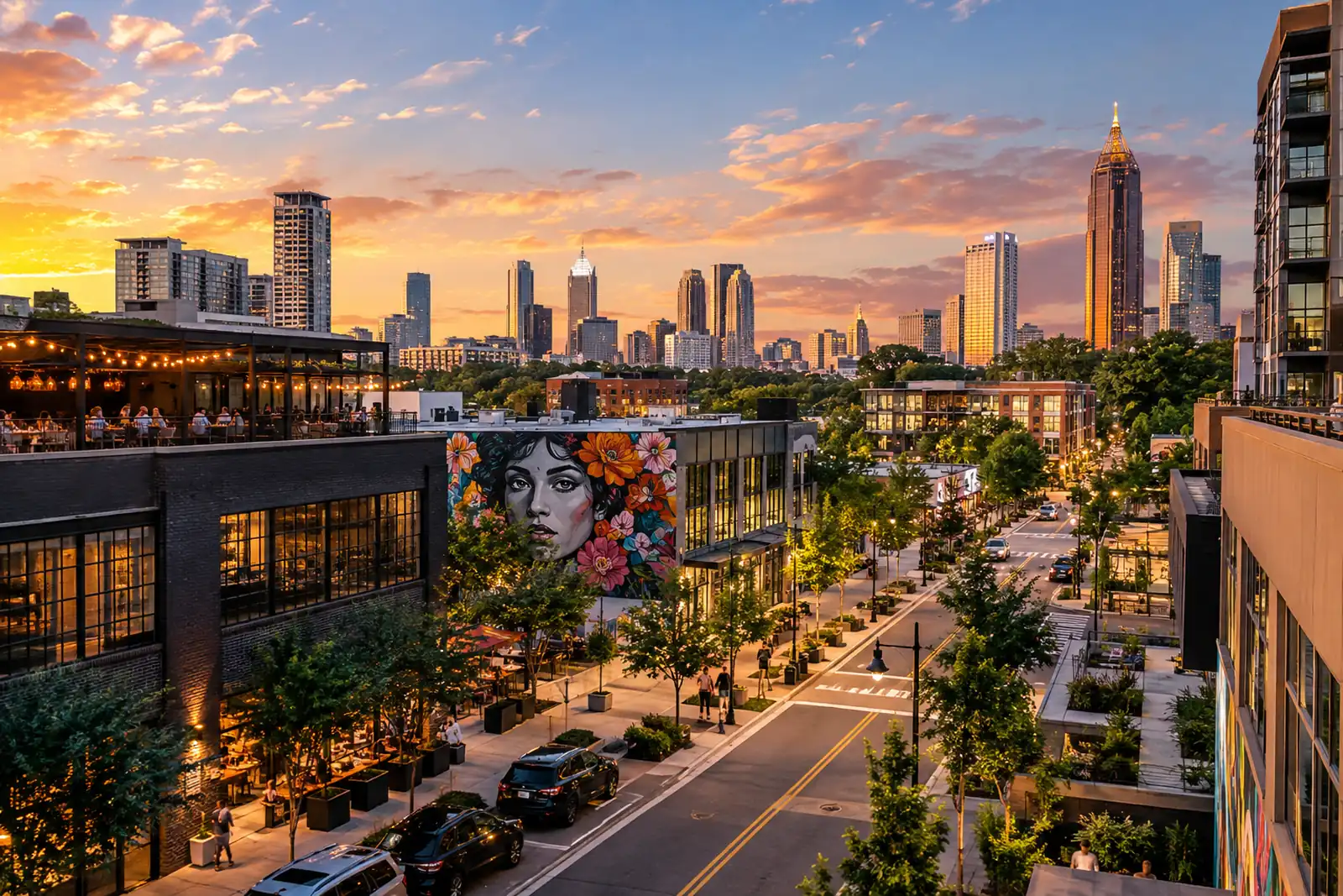 A lively Atlanta streetscape with modern buildings, restaurants, tree-lined sidewalks, and the downtown skyline in the distance.