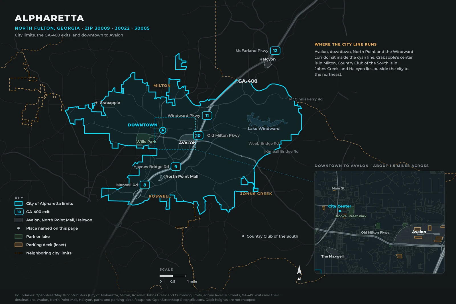 Map of Alpharetta, Georgia: the City of Alpharetta limits and GA-400 exits 8 to 12, with Avalon, downtown, North Point Mall and Lake Windward inside the city, Crabapple in Milton, Country Club of the South in Johns Creek and Halcyon outside the city to the northeast, and an inset of downtown and Avalon along Old Milton Parkway with their parking decks.